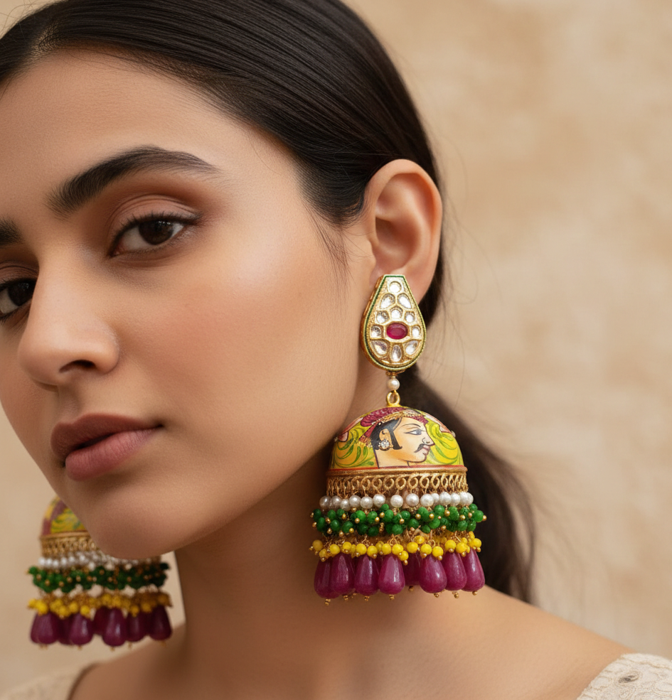 Hand Painted Kundan Jhumka Earrings with Bead Drops
