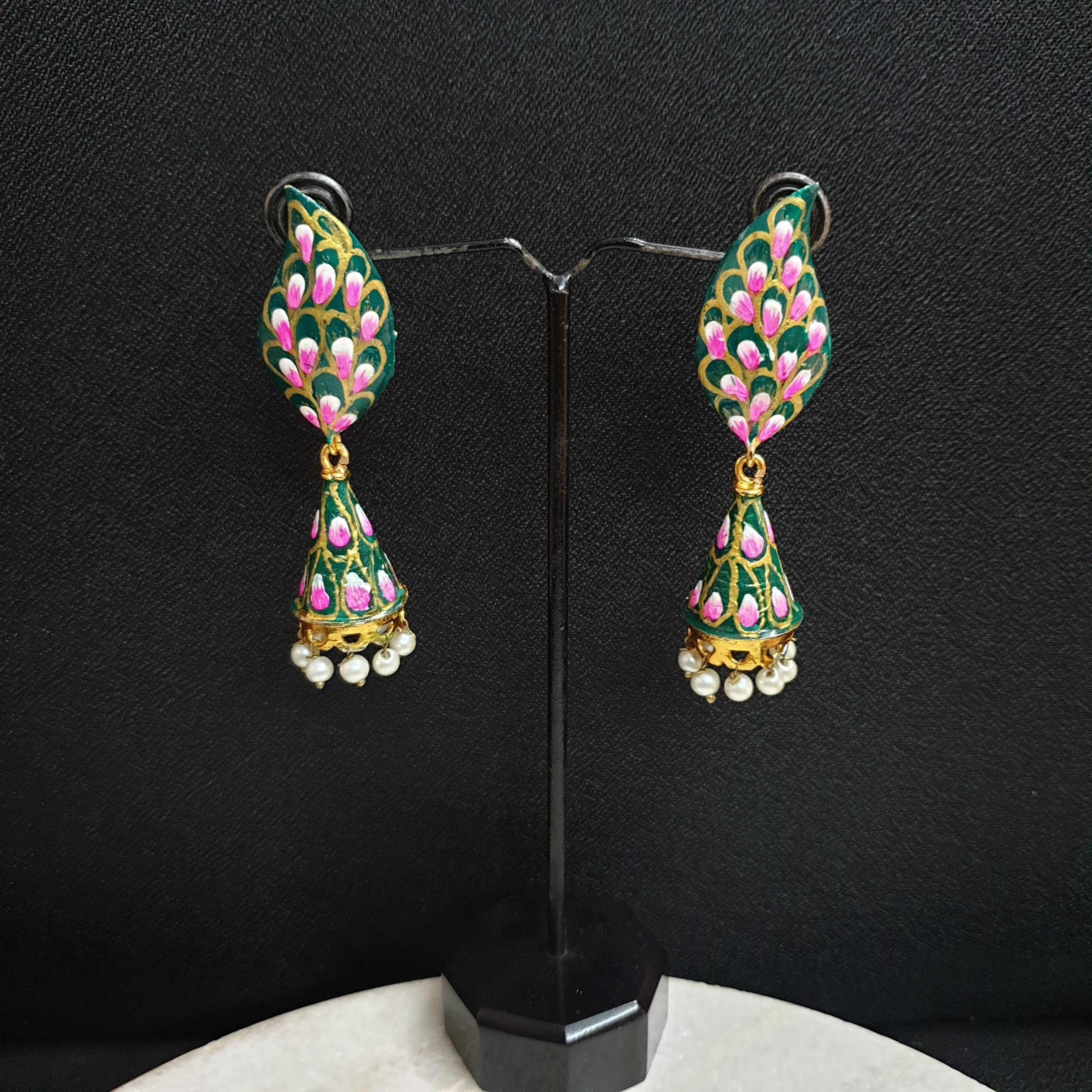 Green Designer Handpainted Jhumki Earrings