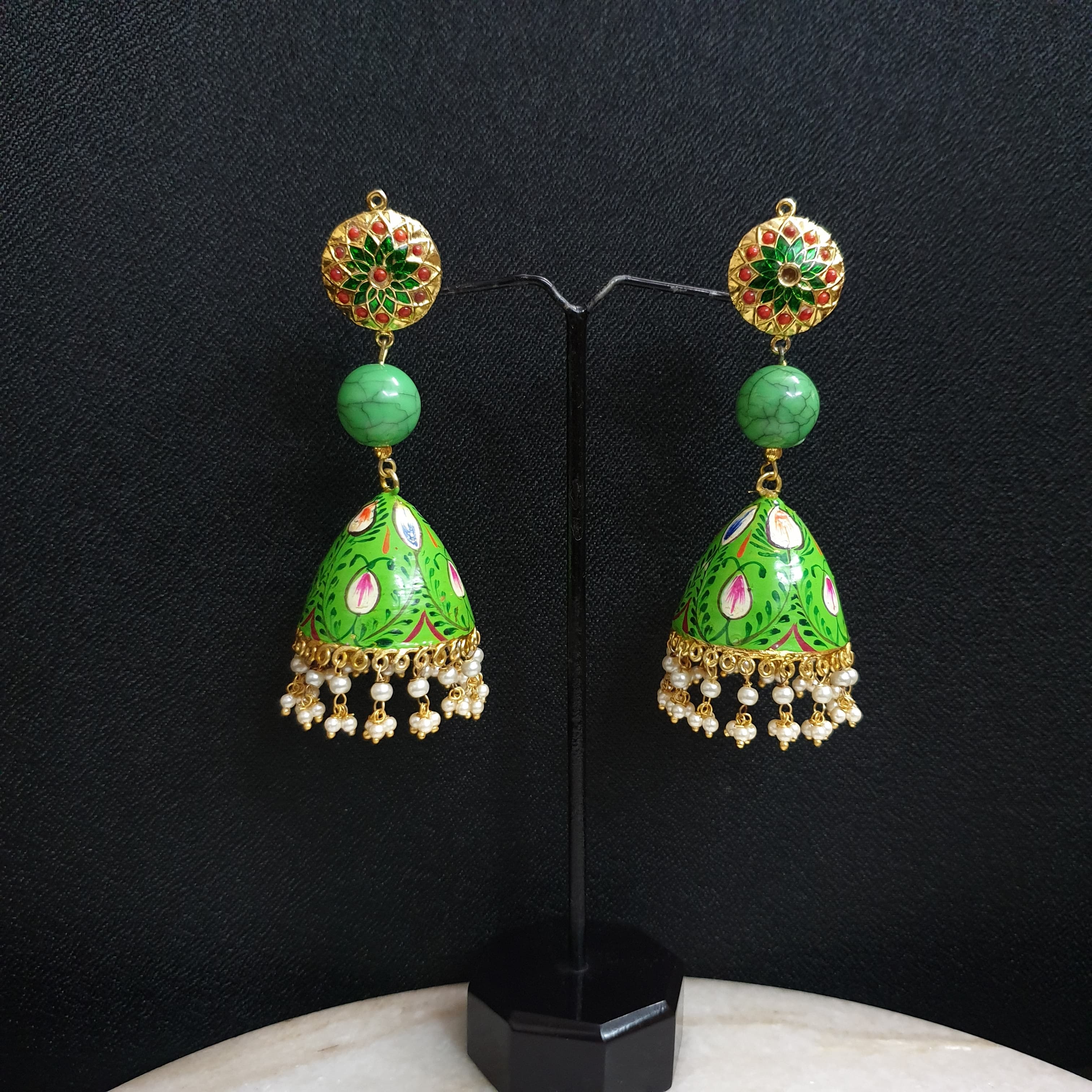 Green Handpainted Jhumki Jadau Earrings