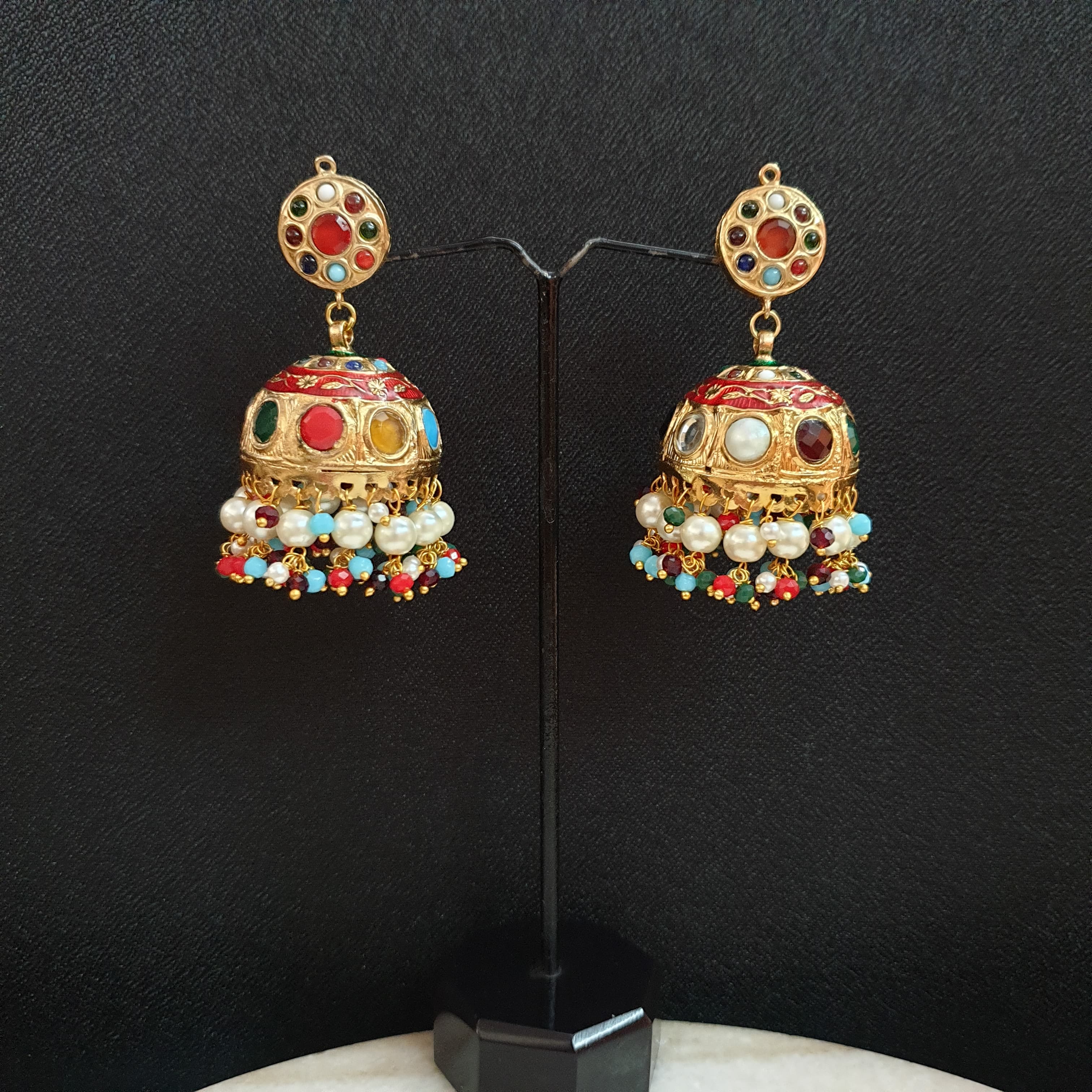 Navratana Stone Jadau Jhumki Earrings