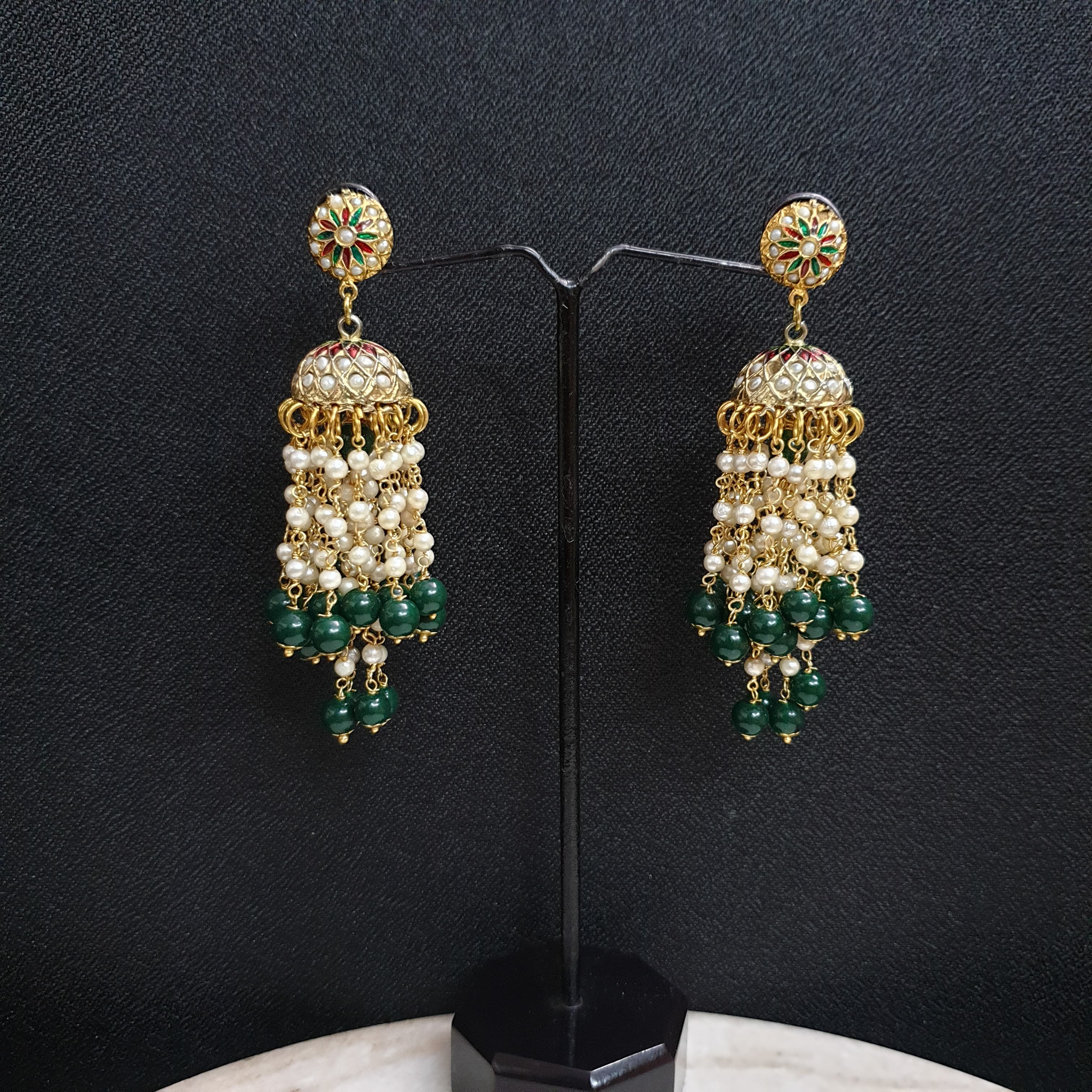 Real Pearl Green Beaded Jadau Earrings