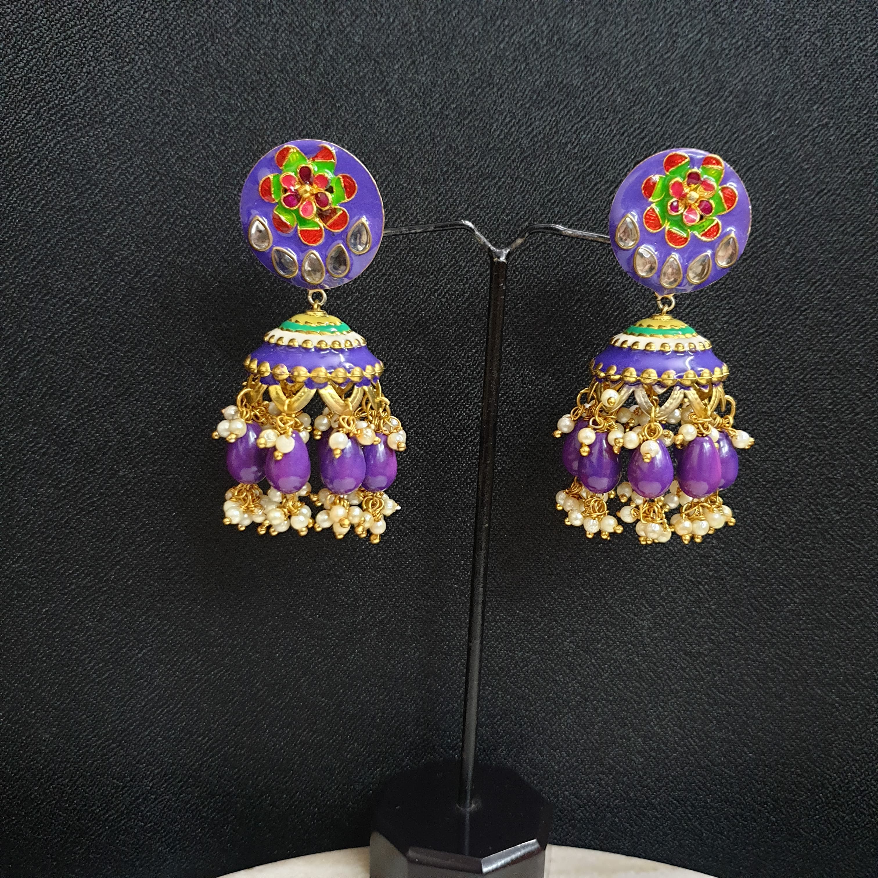 Gold Tone Purple Beads Meenakari Jhumki Earrings