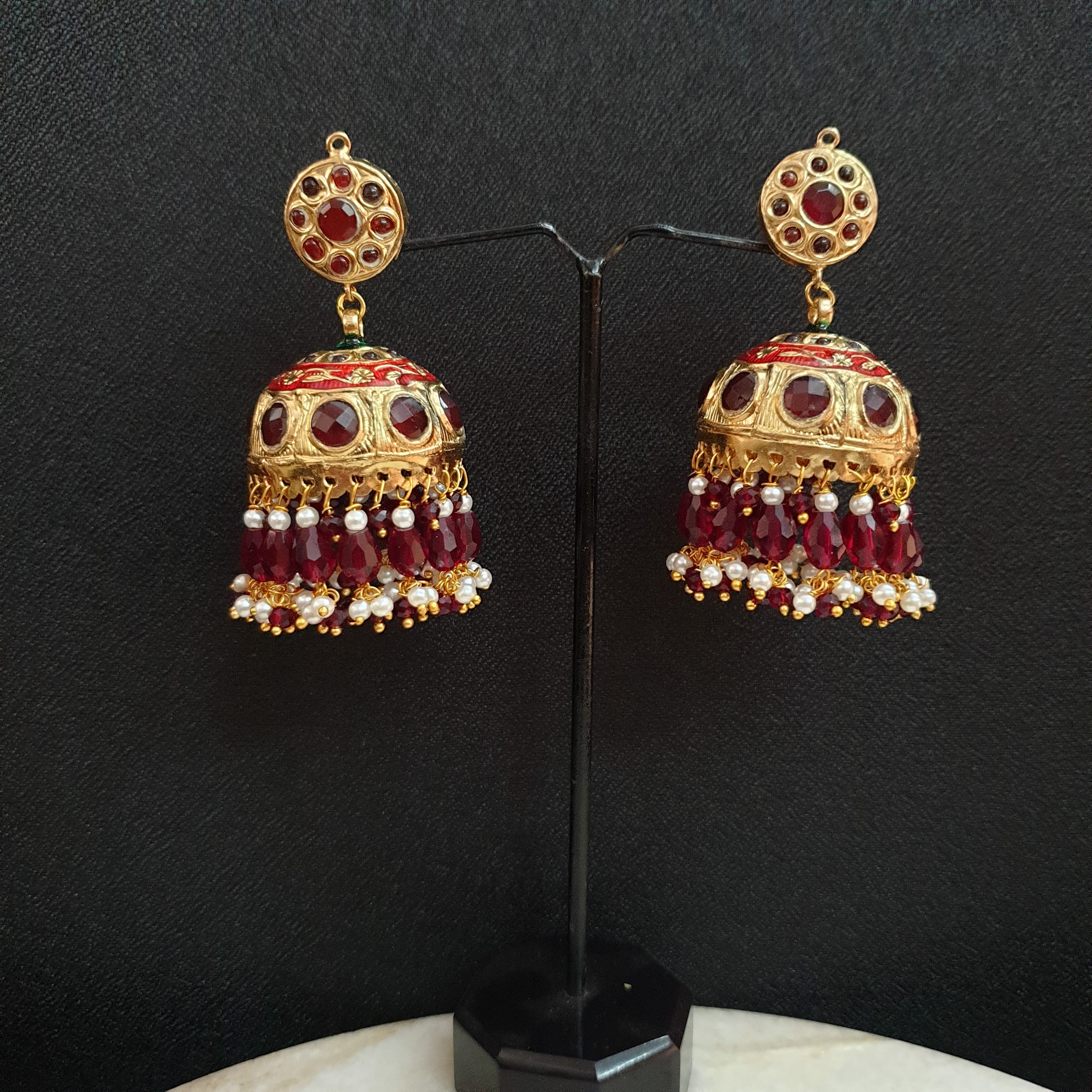 Maroon Stone Jadau Jhumki Earrings