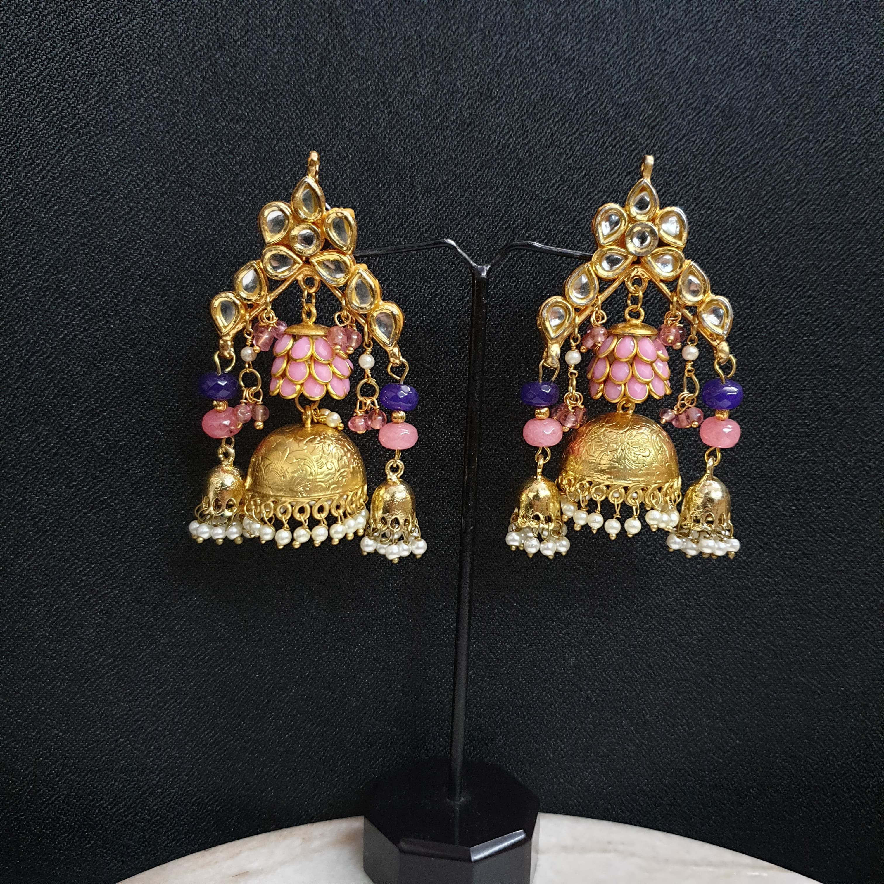 Pink Kundan Stone Paachi Jhumka Earrings