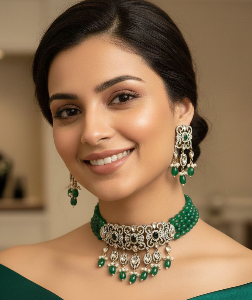 Green American Diamond Choker Necklace With Earrings