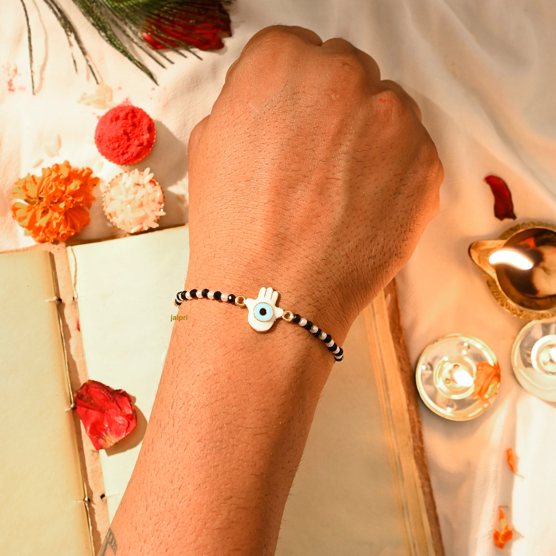 White Humsa Nazariya Rakhi For Kids