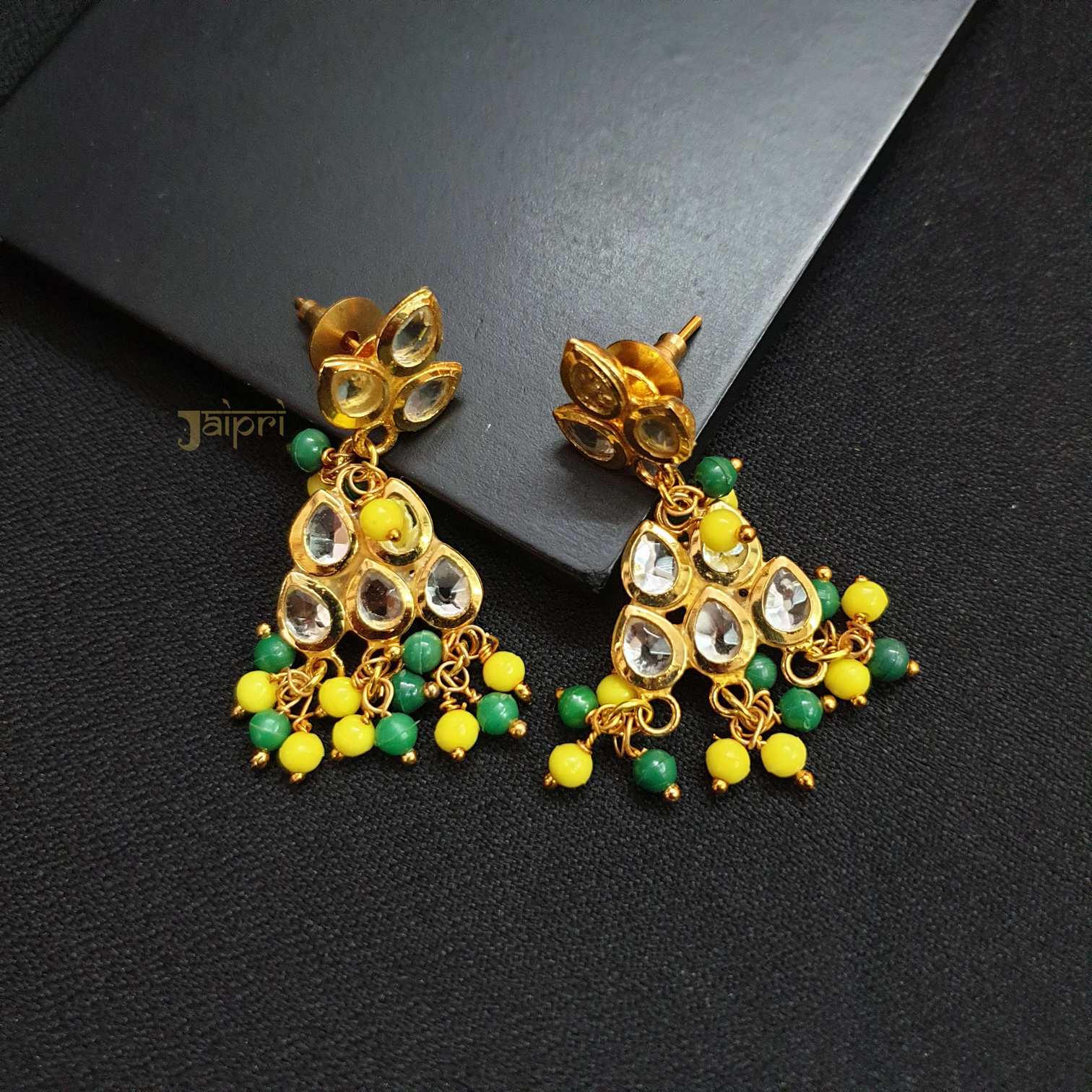 Yellow Beaded Kundan Earrings