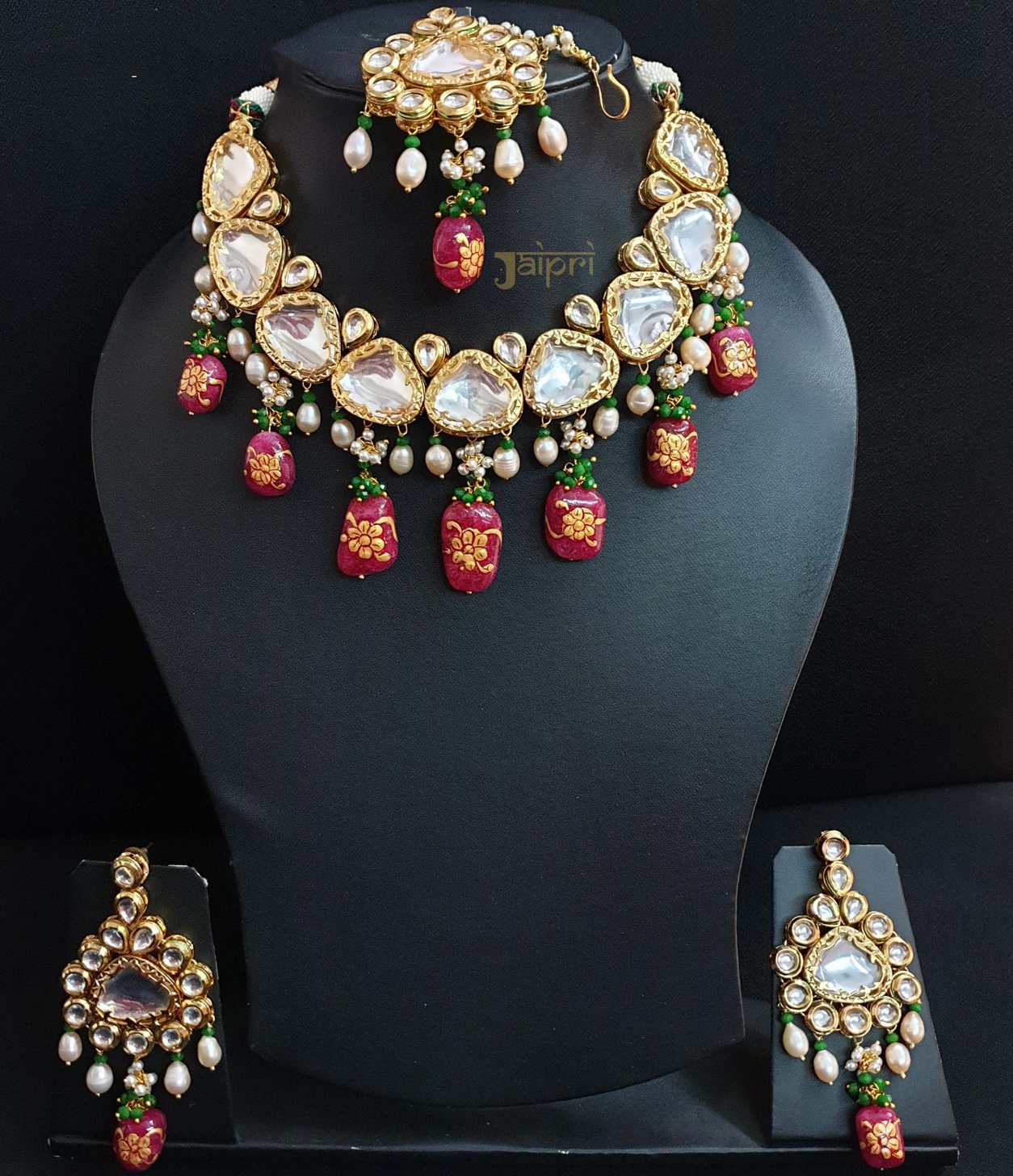 Pearl & Ruby Stone Kundan-Jadau Choker & Maang Tikka With Earrings