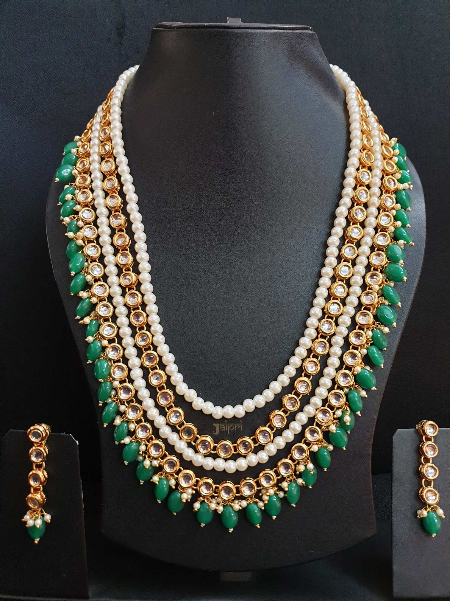 Kundan Pearl With Green Beads Stone Long Necklace With Earrings