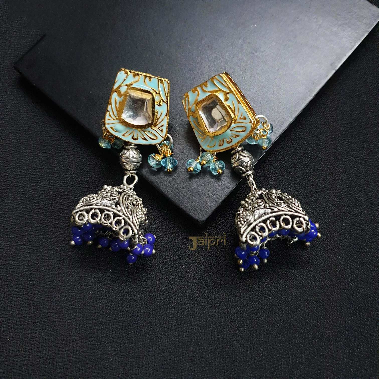 Blue Meenakari Oxidised Silver Jhumki Earrings