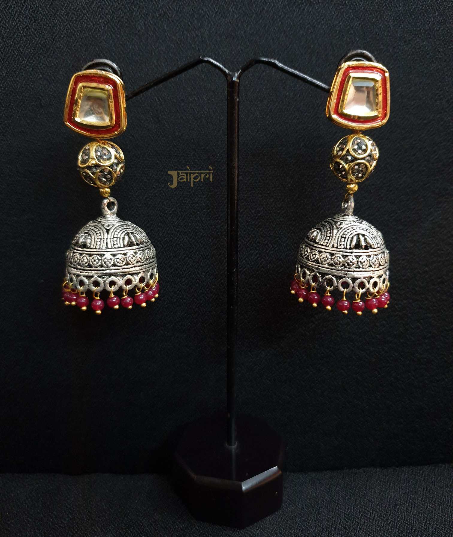 Red Meenakari, Oxidized Stud Jhumki