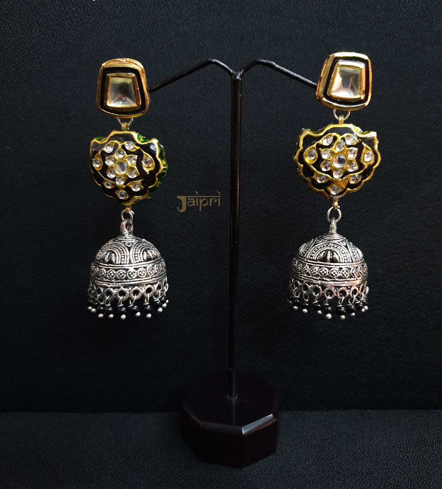 Black Kundan Meenakari Oxidised Silver Jhumki