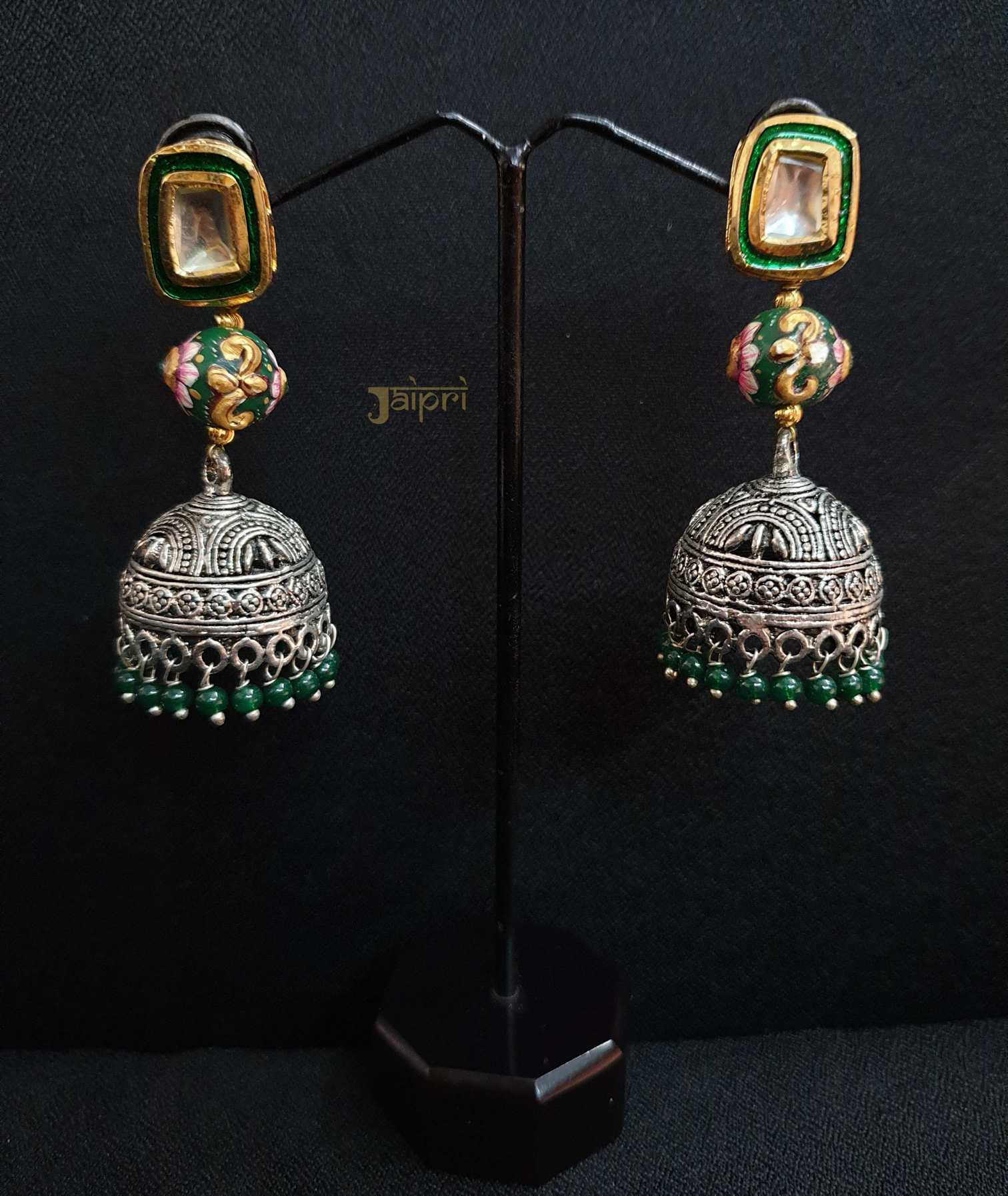 Green Meenakari, Oxidized Stud Jhumki