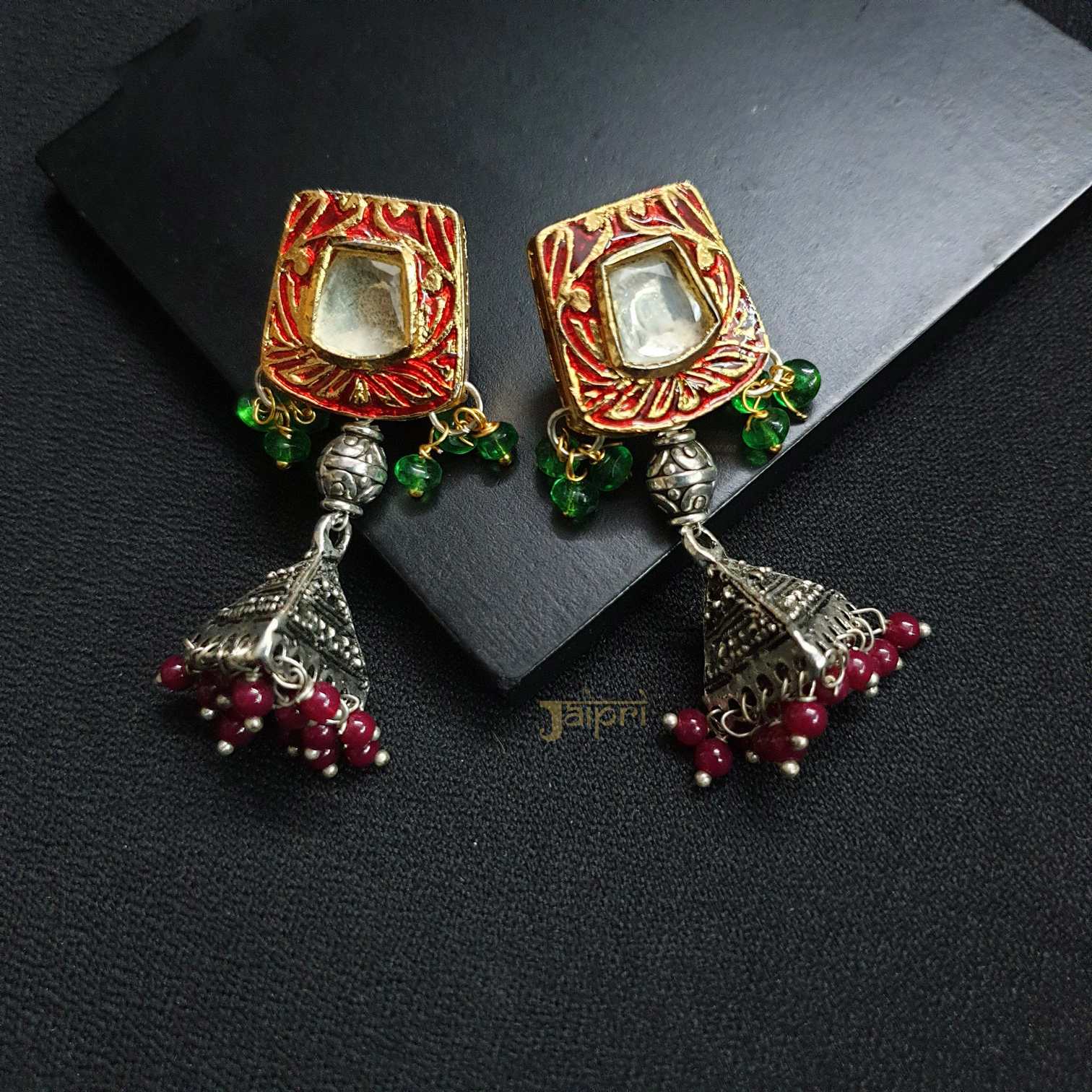 Red & Green Kundan& Meenakari Jhumki Earrings