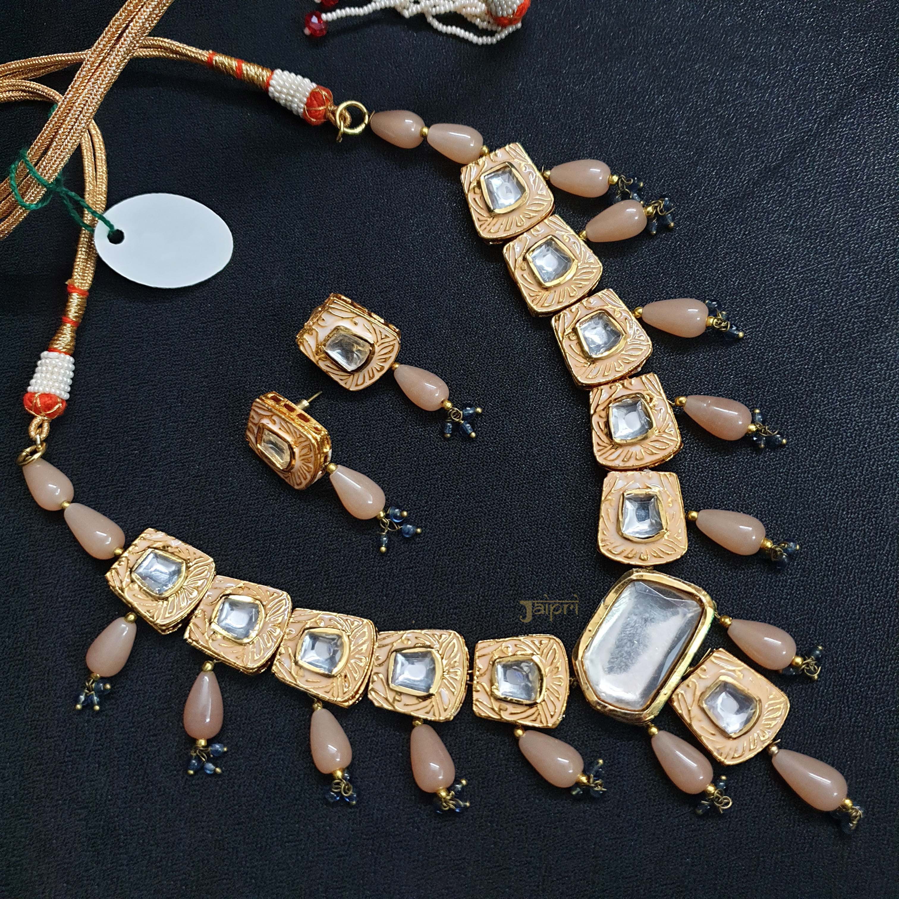 Peach Kundan Meenakari Necklace With Earrings