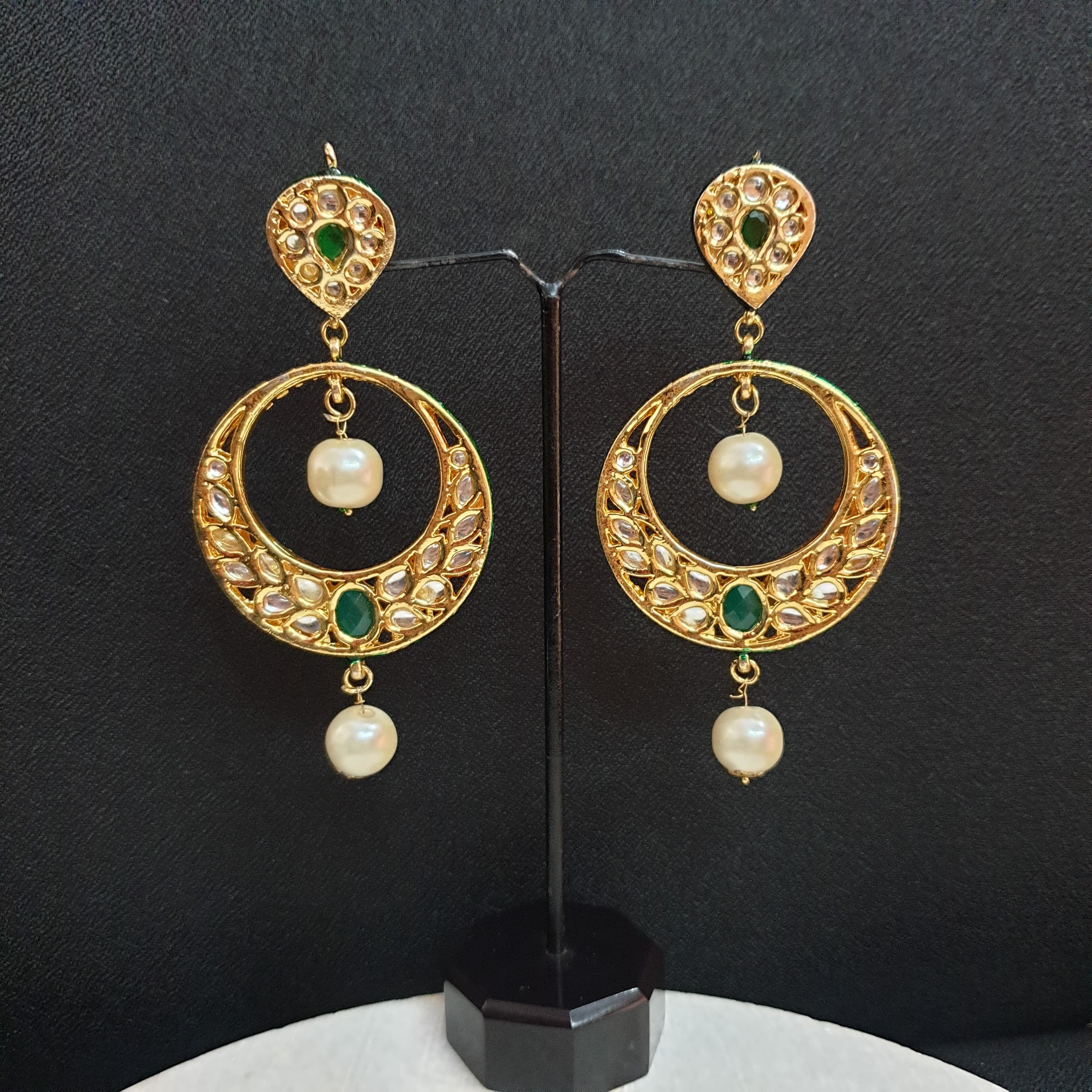 Green Stone Round Kundan Chandbali Earrings