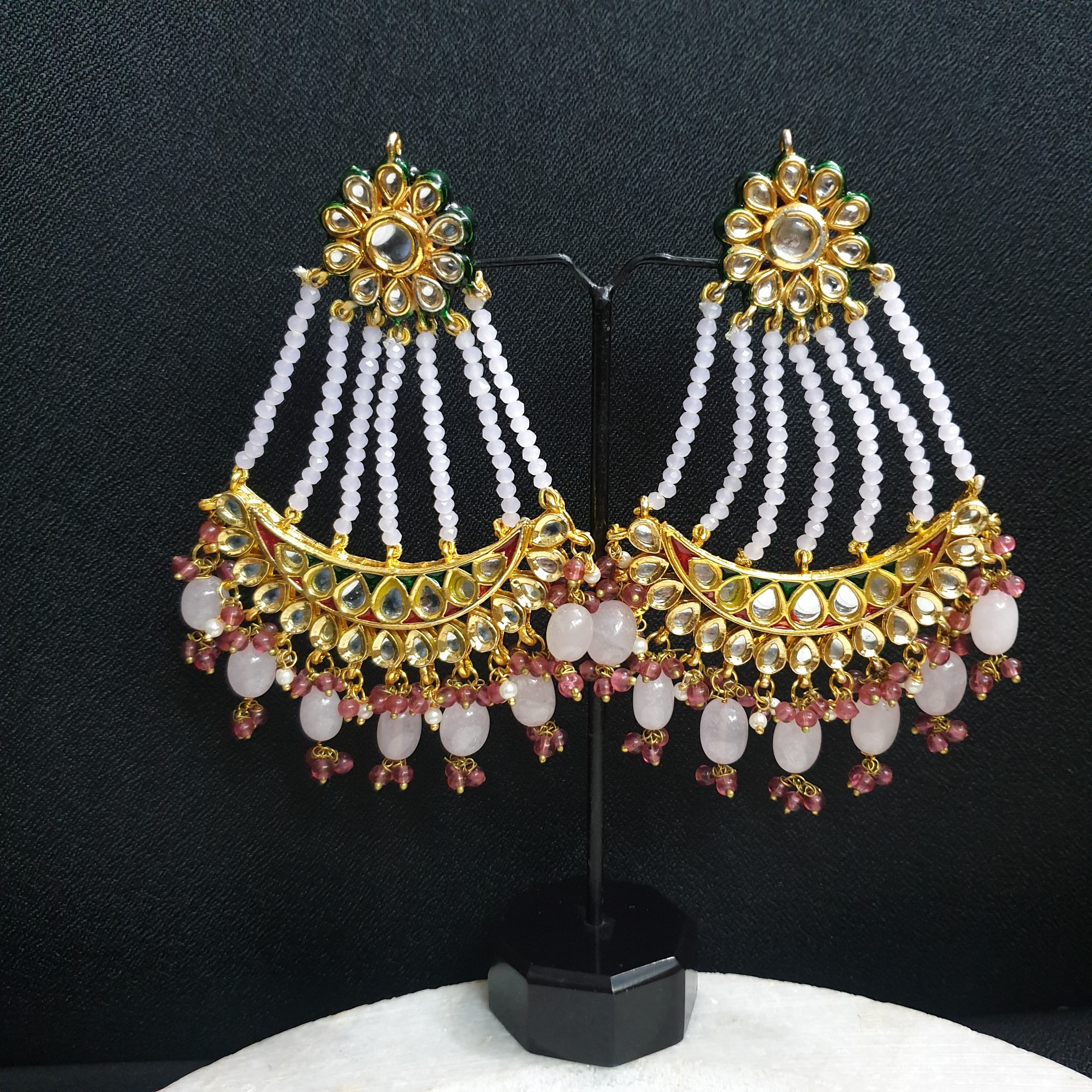 Pink Kundan Meenakari Chandbali Earrings