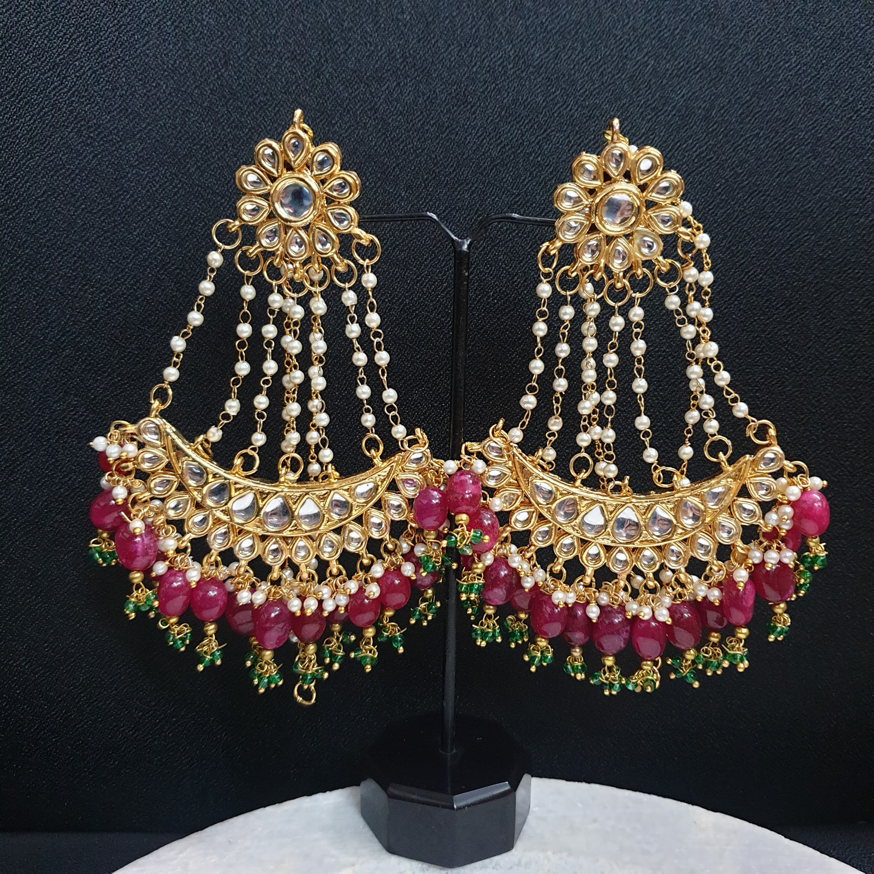 Pink Long Kundan Chandbali Earrings
