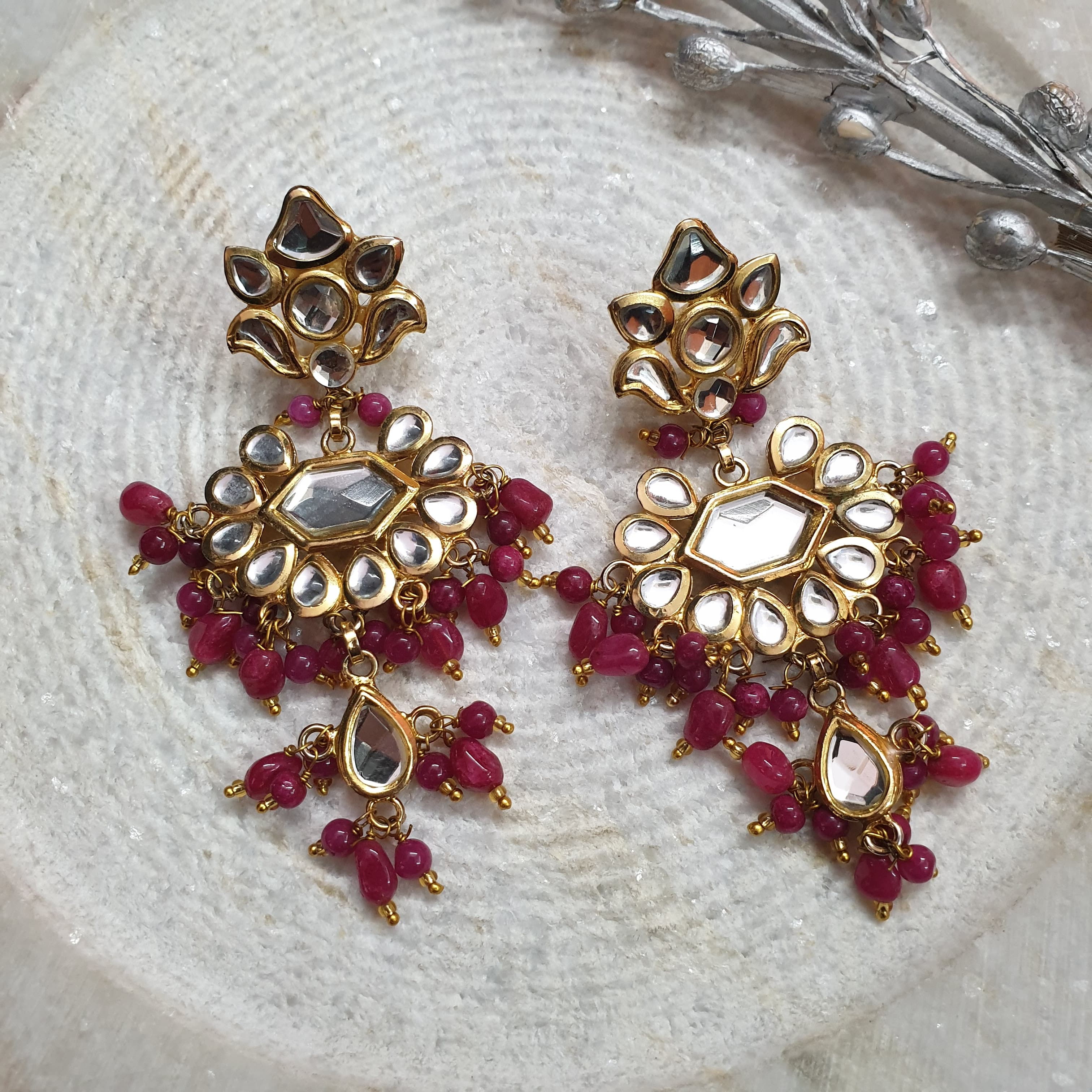 22k Gold Plated Red Kundan Chandbali Earrings