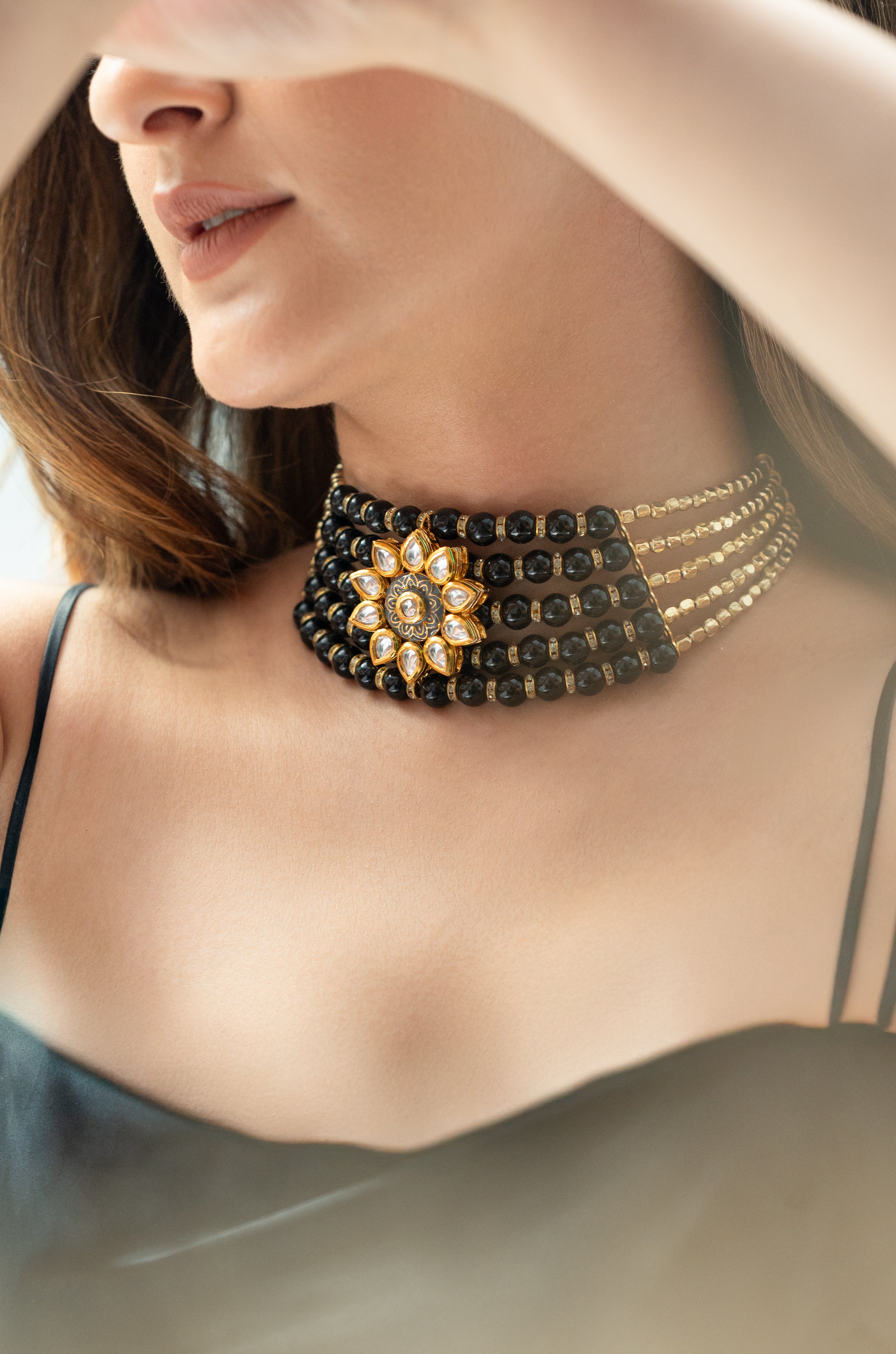 Kundan Meenakari Motif Black Choker Freesize Necklace