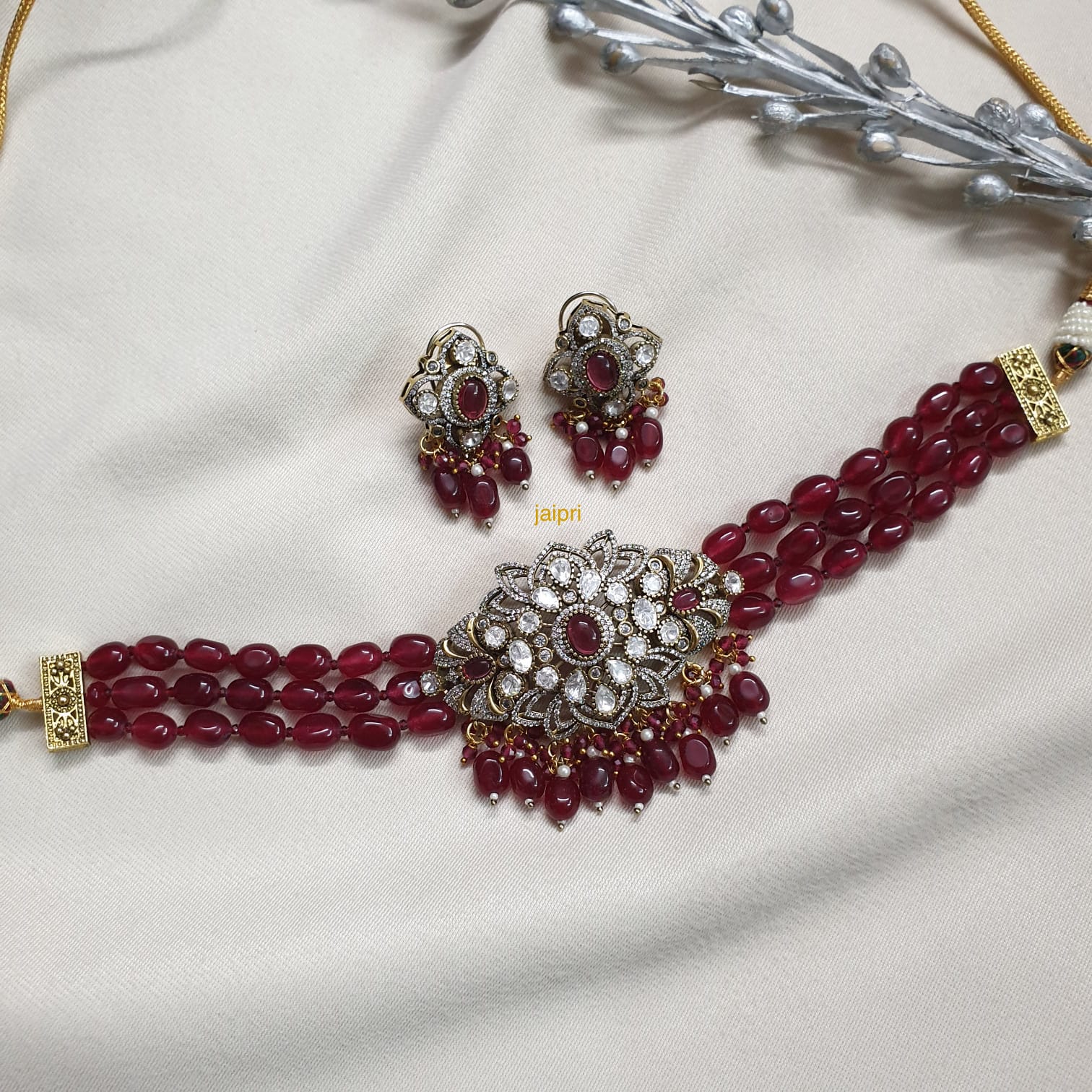 Ruby Color Moissanite Beaded Choker Neckace