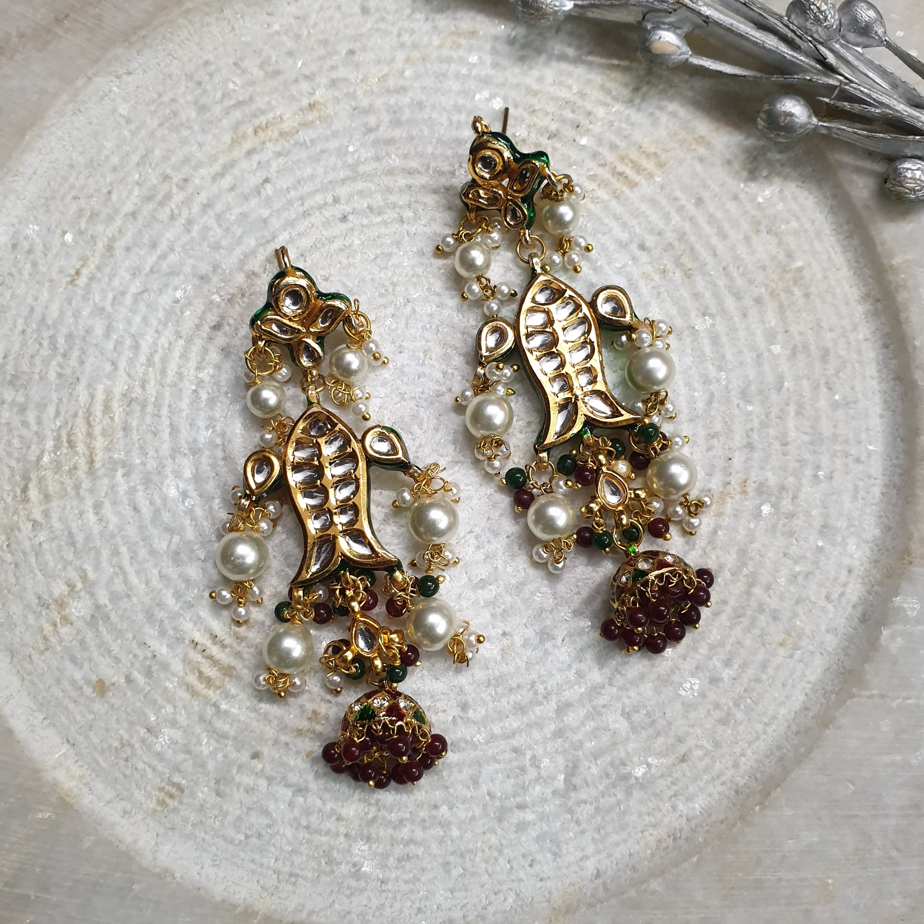 Kundan Long Beaded Jhumki Earrings