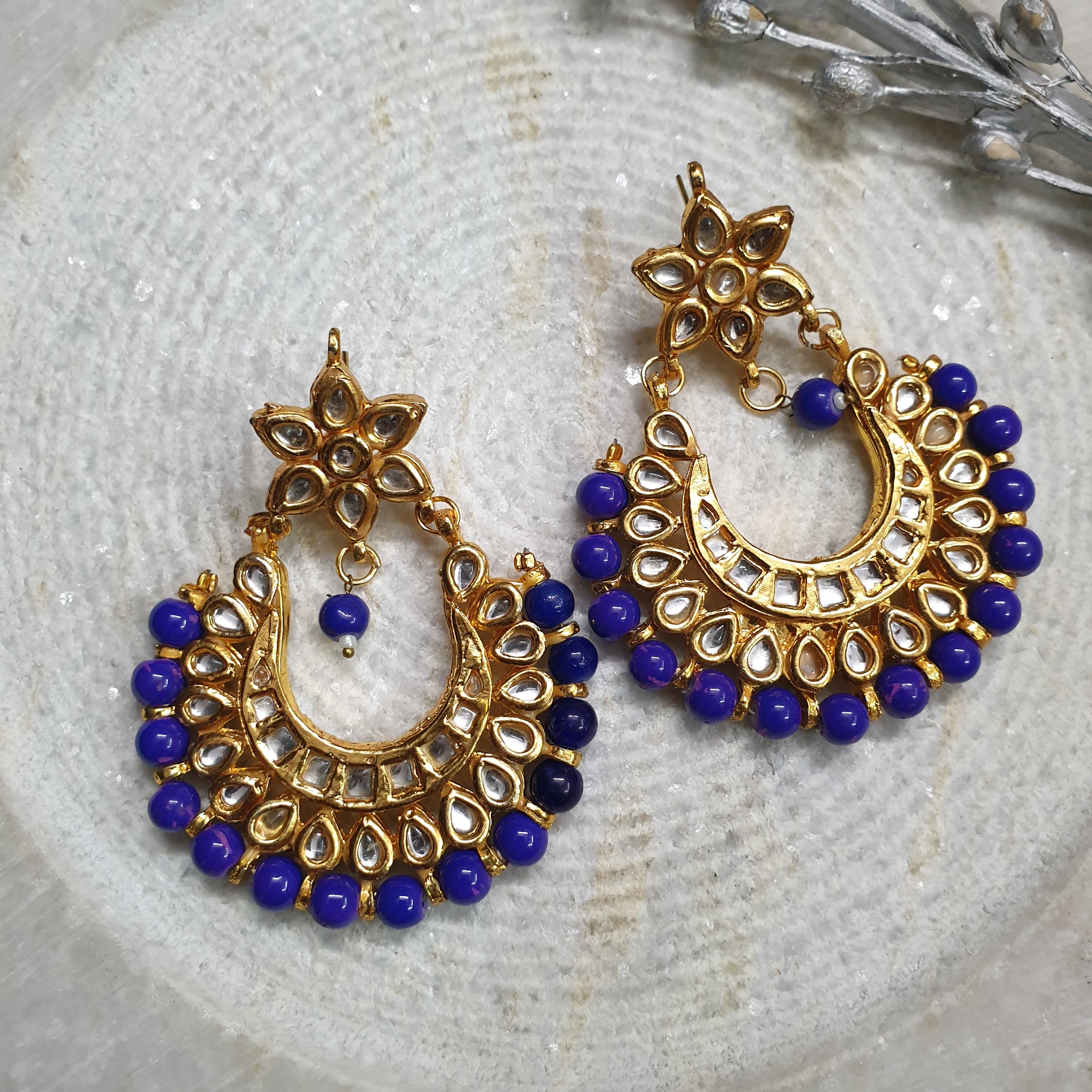 Blue Kundan Chandbali Earrings