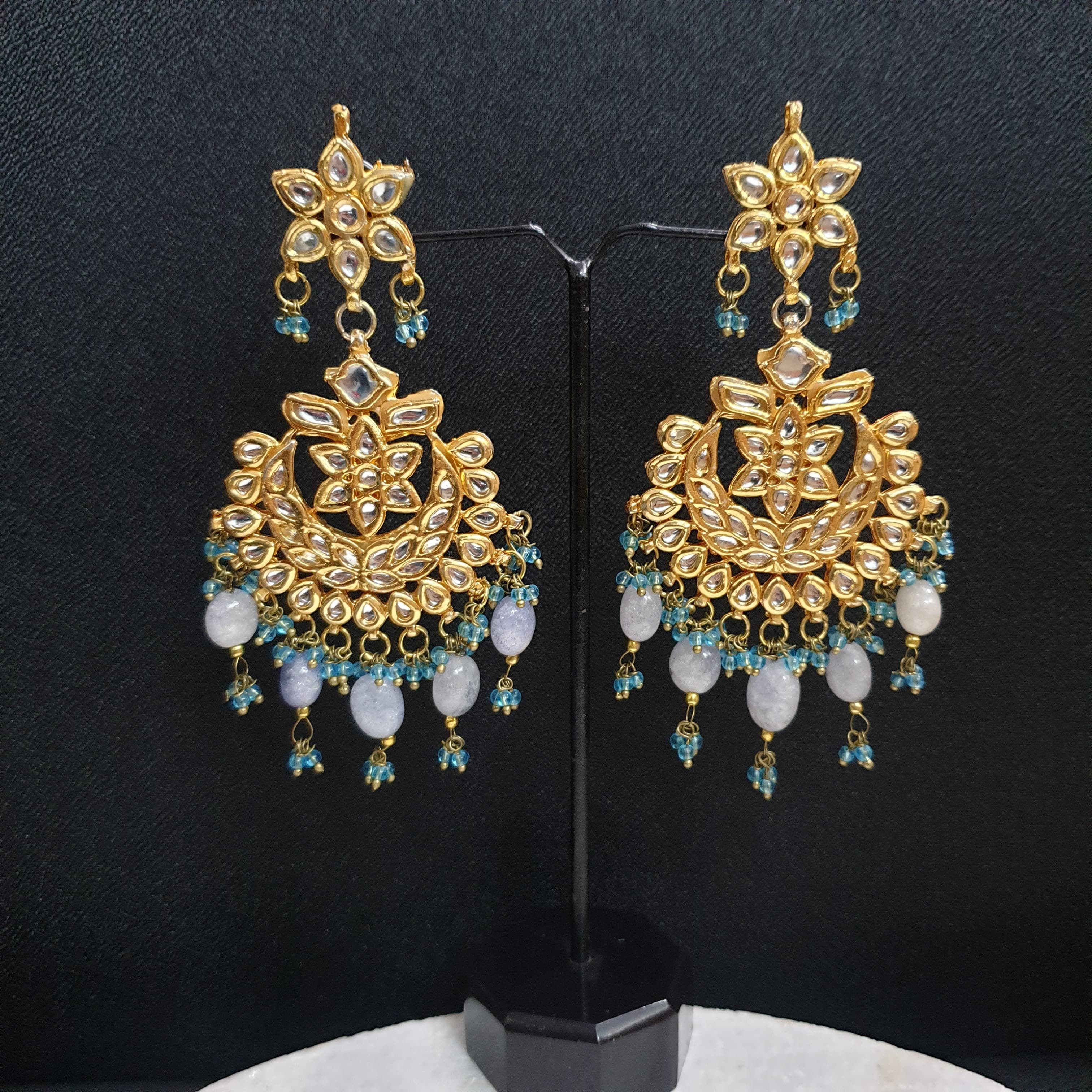 Grey Kundan Chandbali Earrings