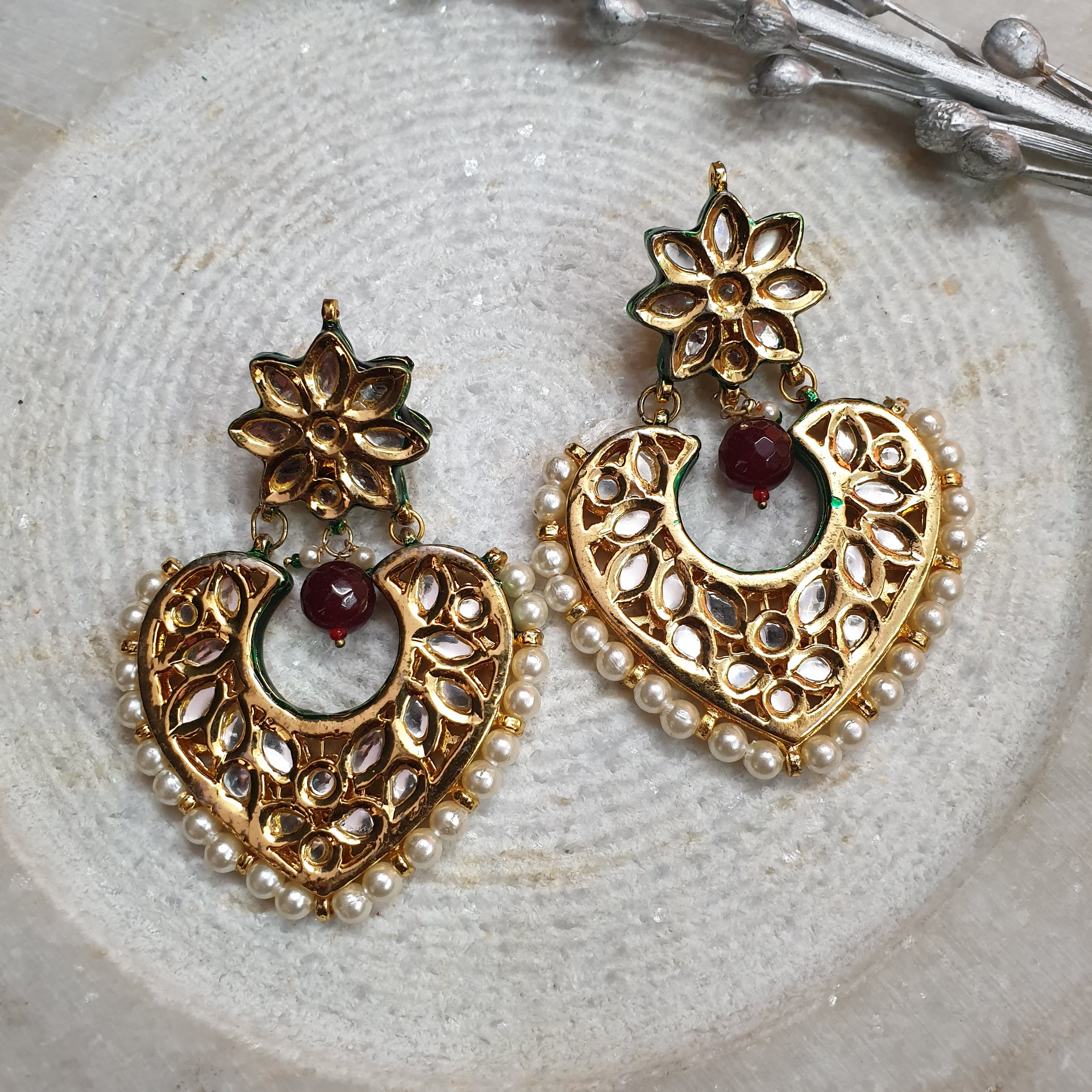 Heart Kundan Chandbali Earrings