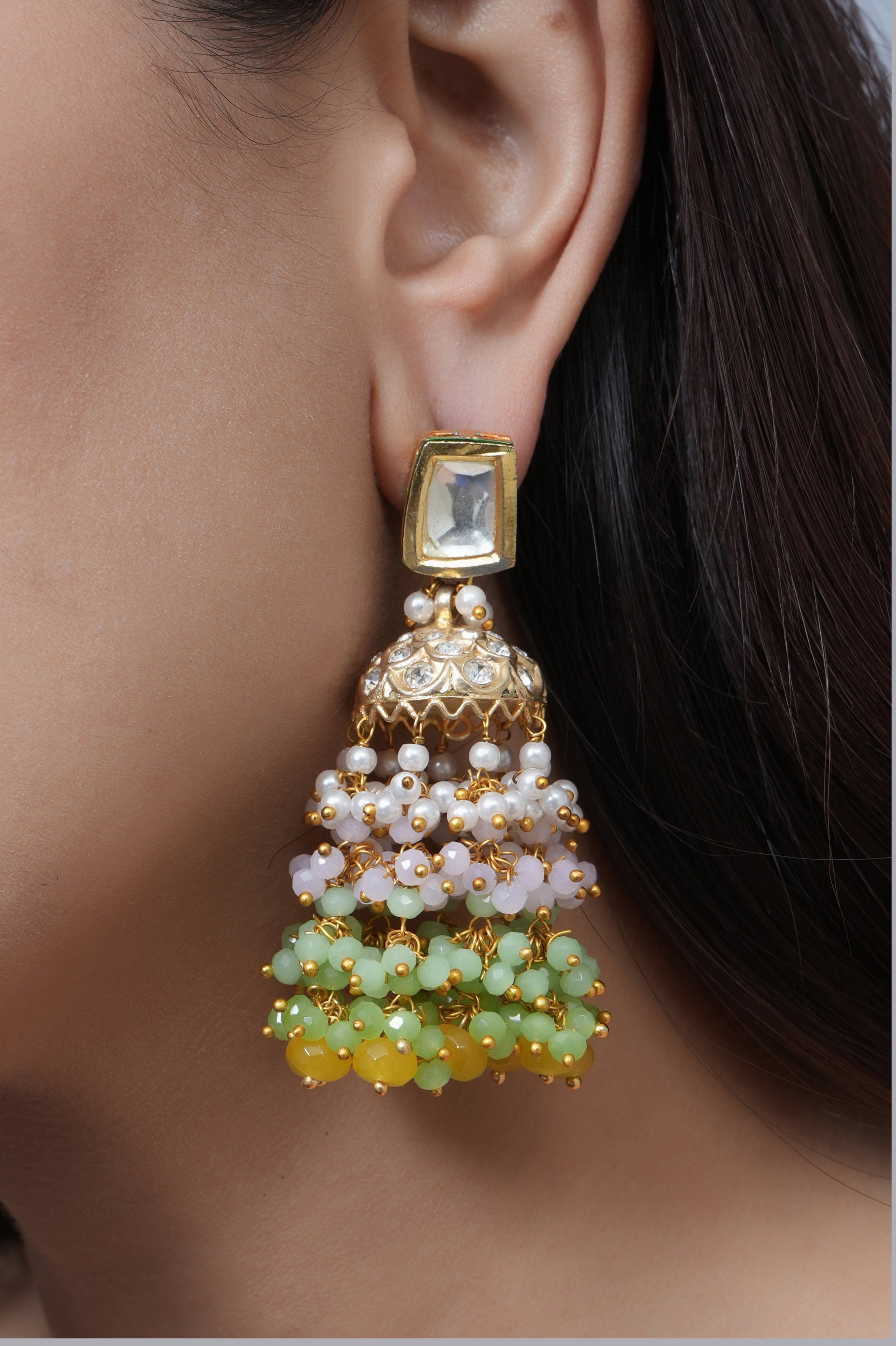 Kundan Jadau Pastel Color Beaded Jhumki
