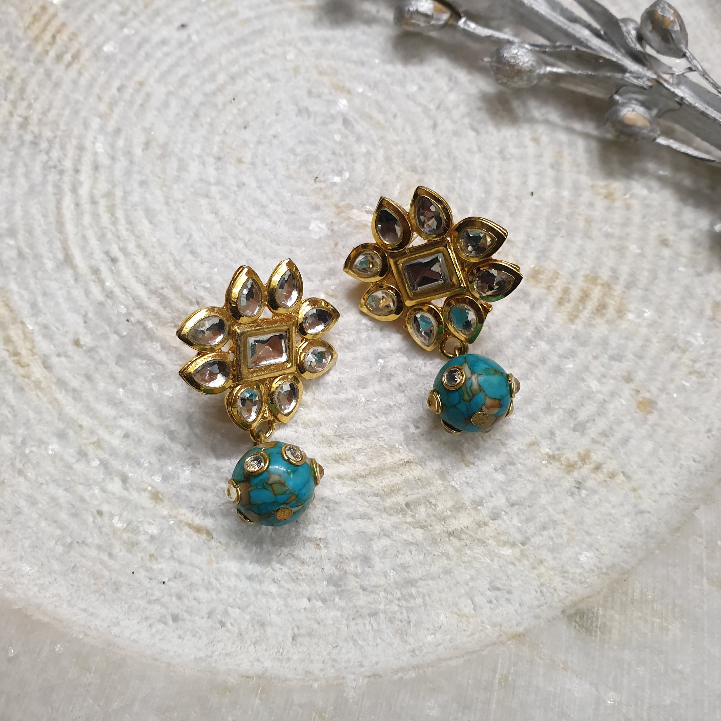 22k Gold Plated Turquoise Drop Kundan Earrings