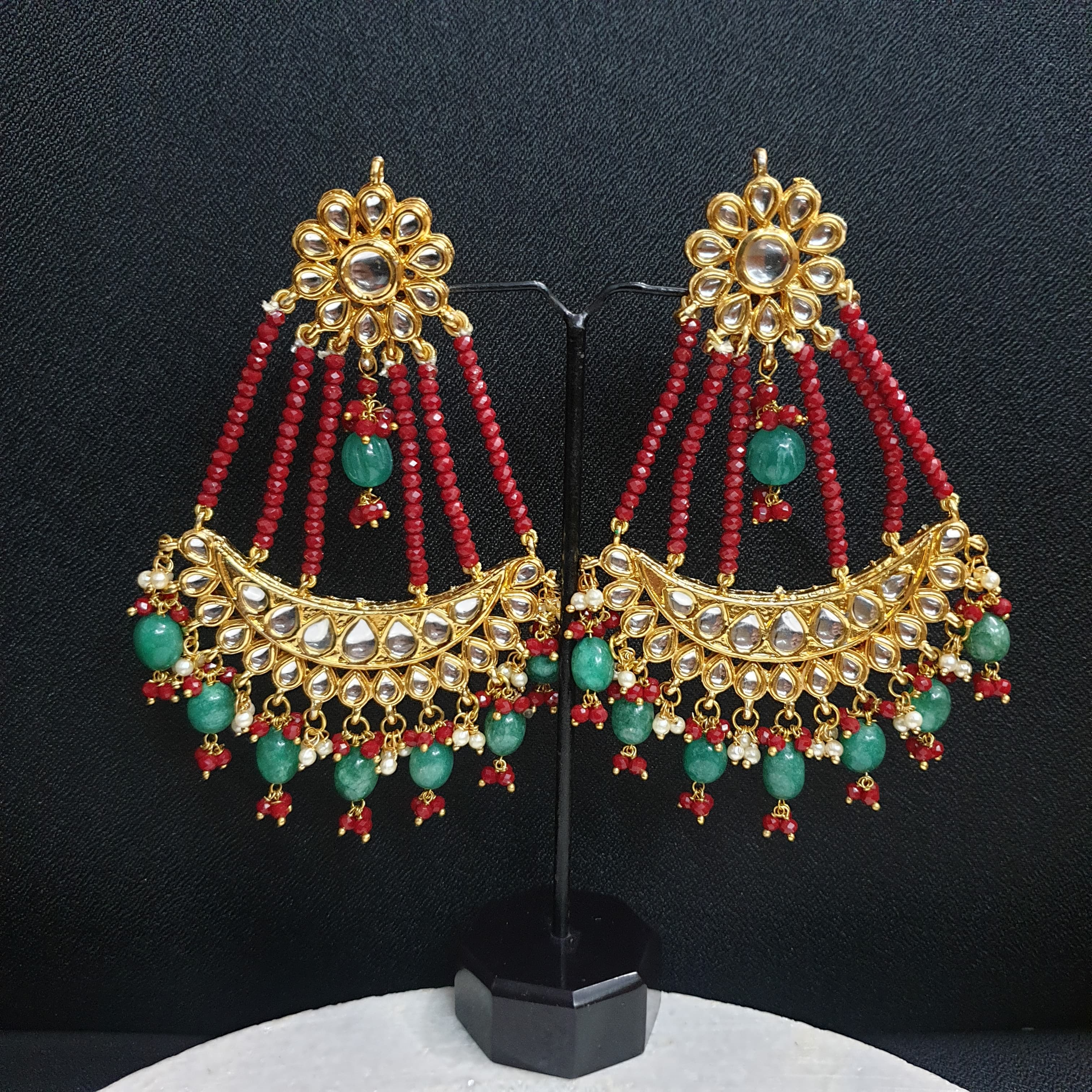 Green Red Beading Kundan Chandbali Earrings