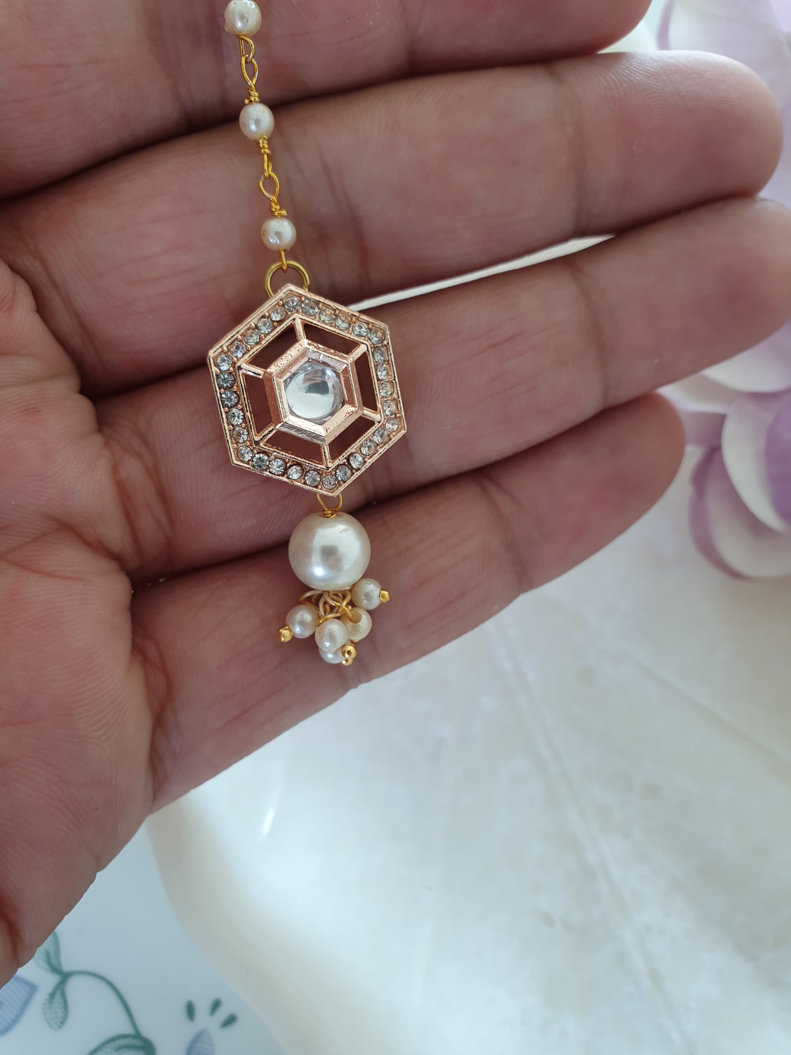 Rose Gold Designer Kundan Polki Pearl Beaded Maang Tikka
