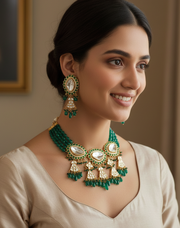 Kundan Polki Green Stone Beaded Necklace With Earrings
