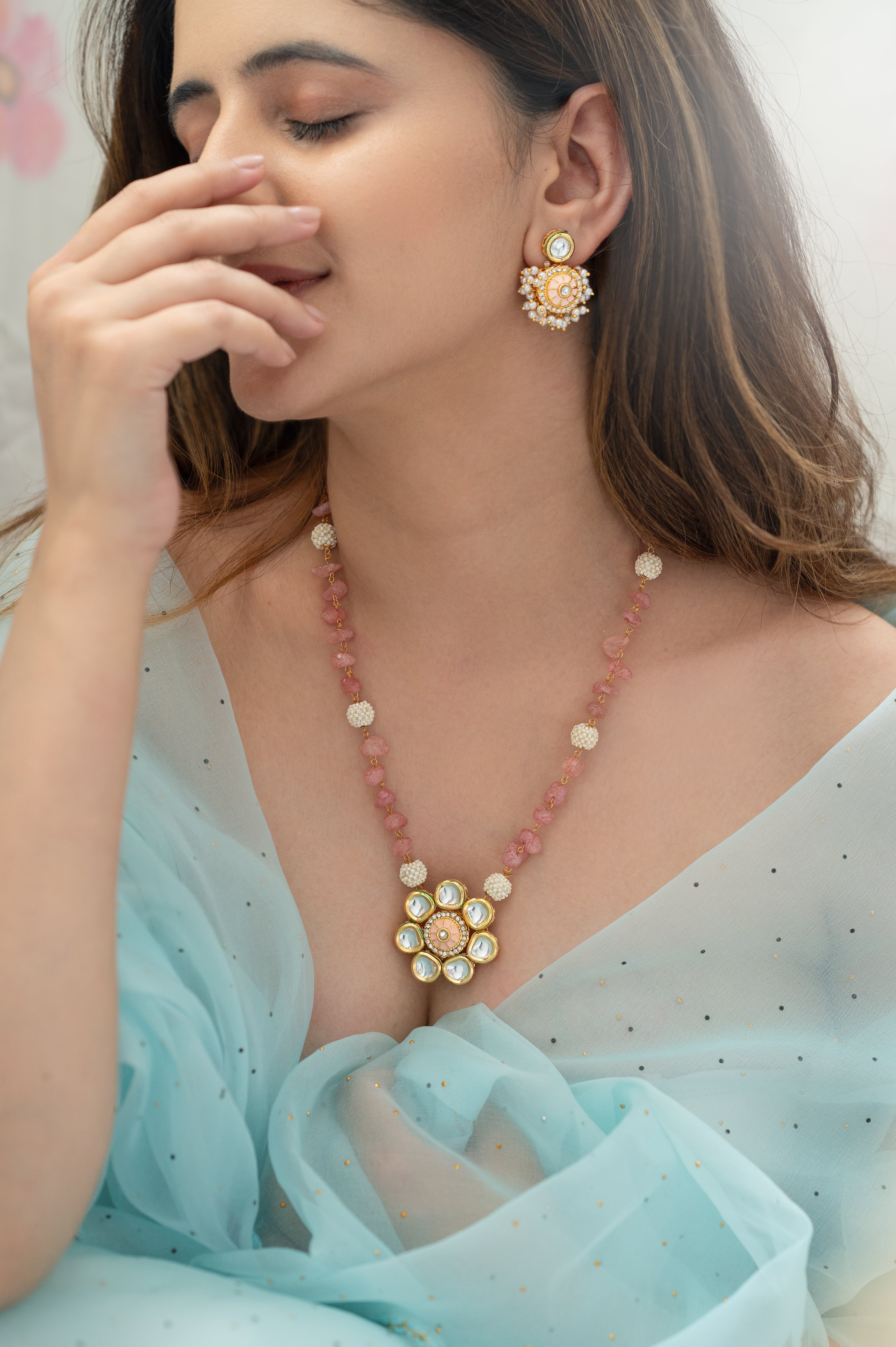 Pink Stone Kundan Meenakari Beaded Pendant Set