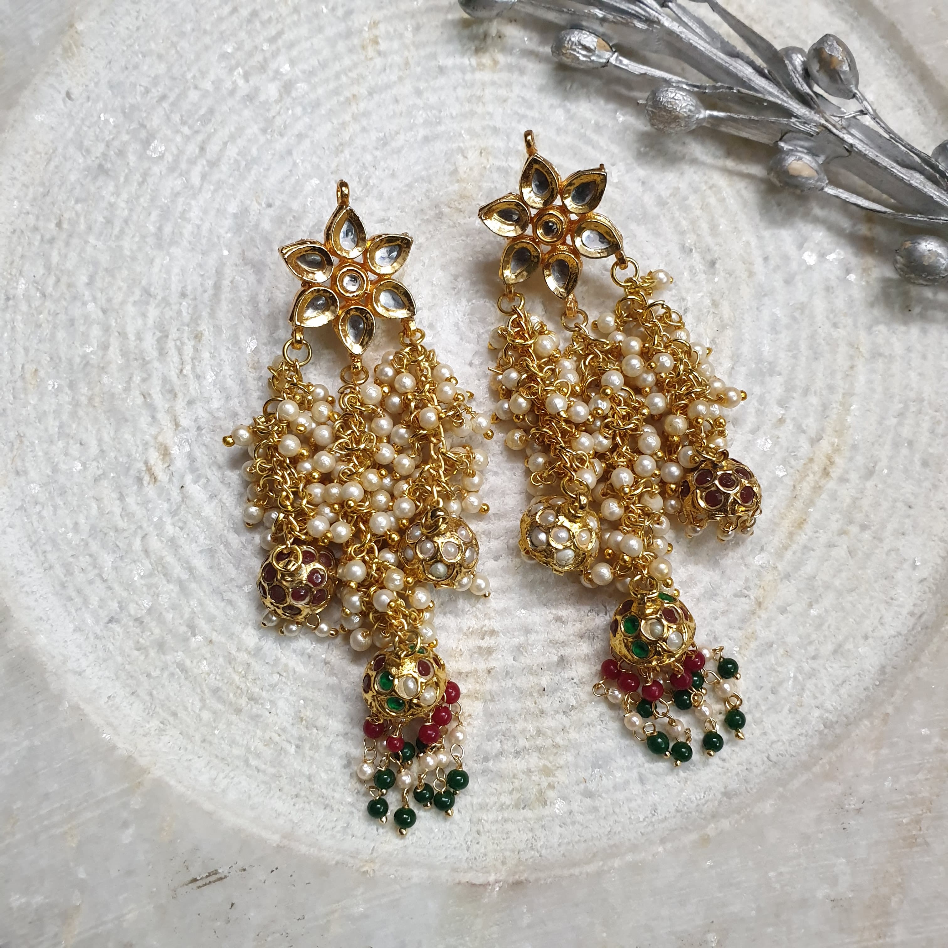 Floral Kundan Pearl Jadau Jhumki Earrings