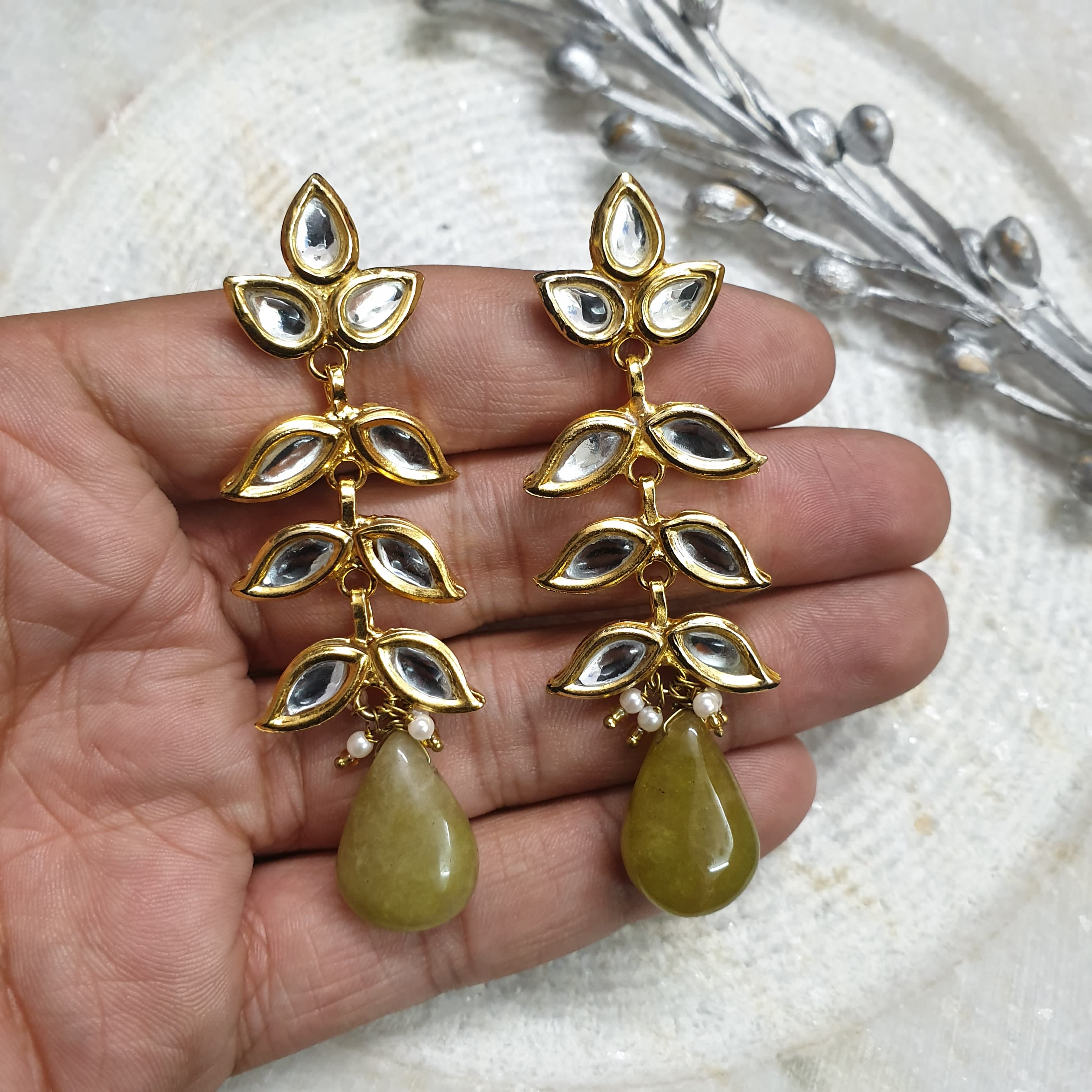 22k Gold Plated Olive Stone Kundan Long Leaf Earrings