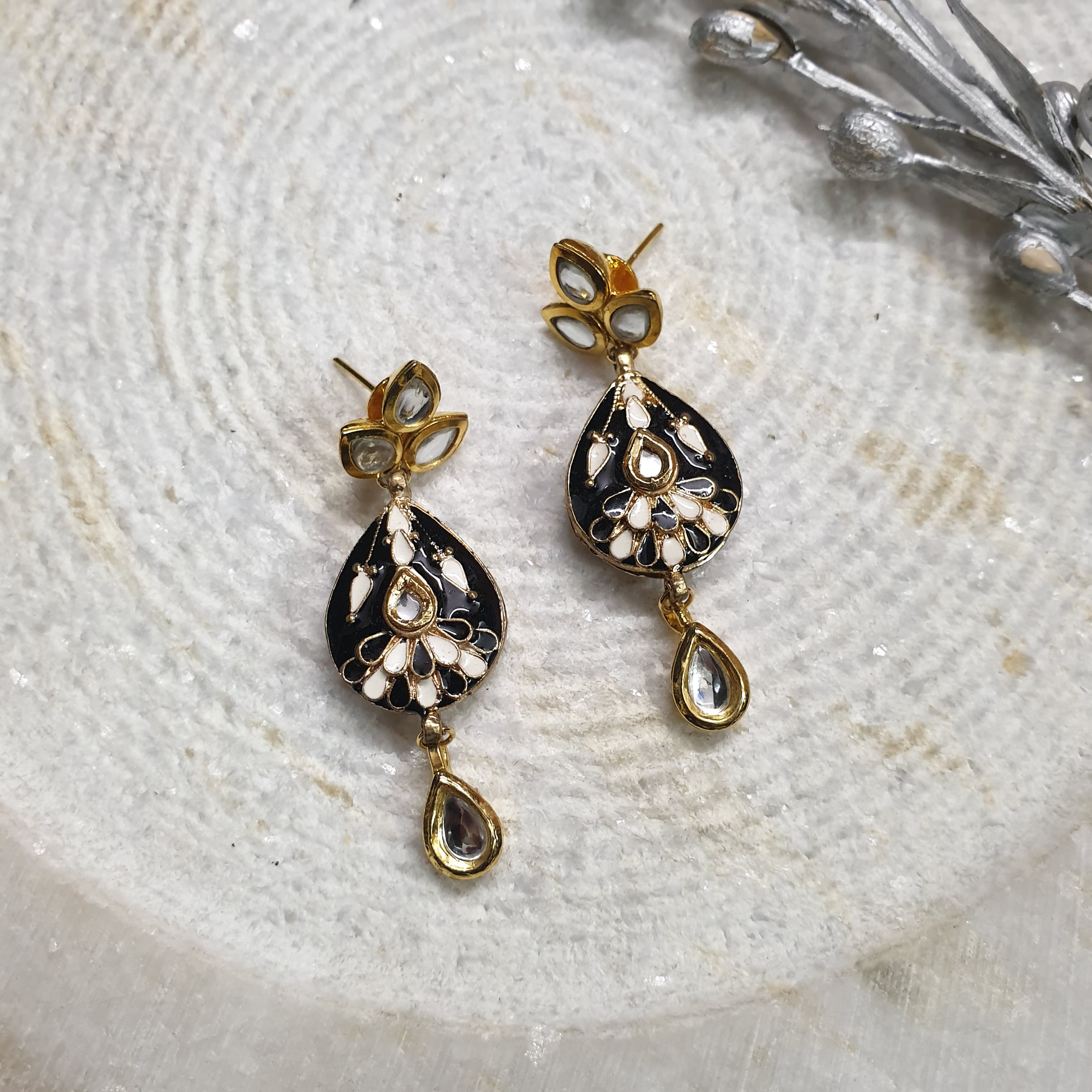 22k Gold Plated Black Meenakari Kundan Earrings