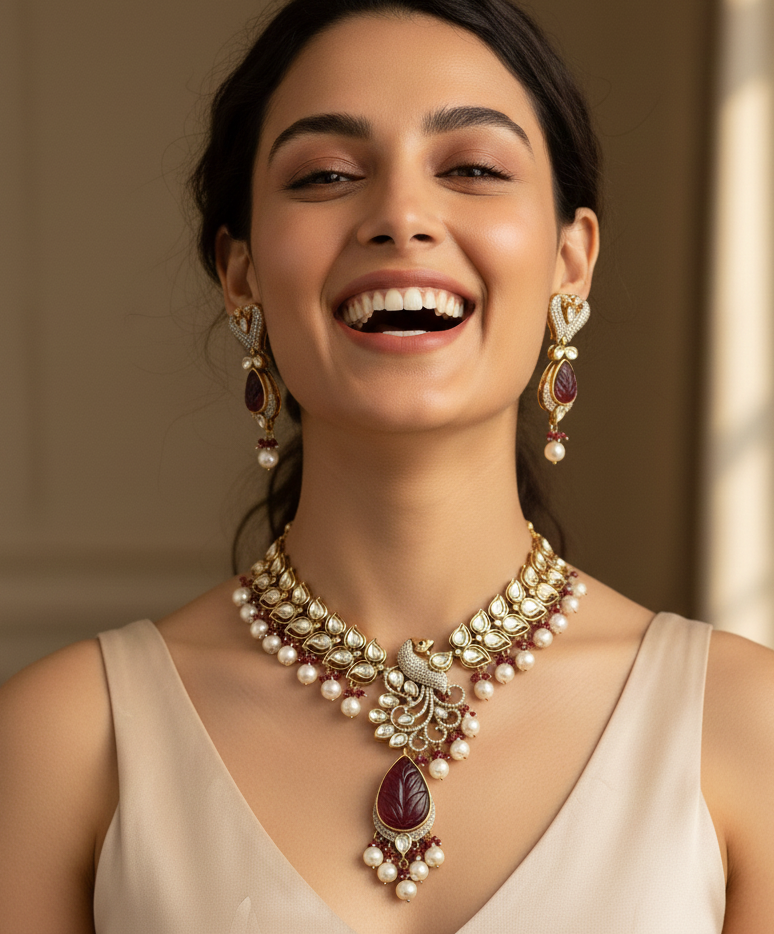 Peacock Kundan Polki Necklace With Earrings