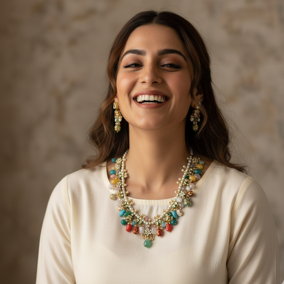 Kundan Beaded Long Bridal Necklace With Earrings