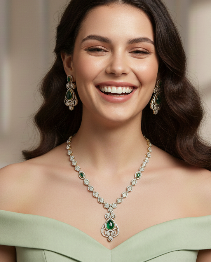 Green Moissanite Kundan Premium Delicate Necklace With Earrings