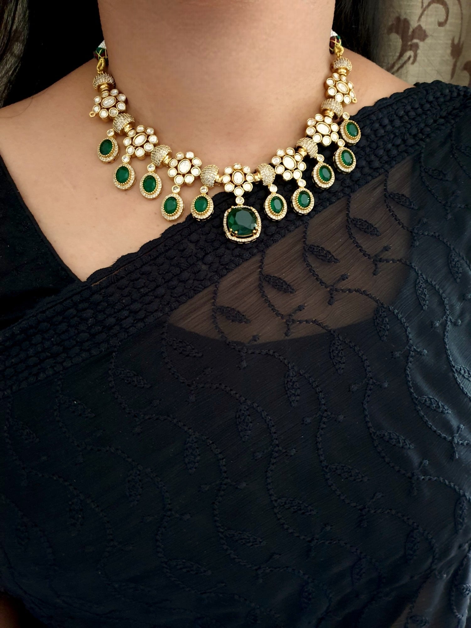 Emerald Polki American Diamond Drop Necklace