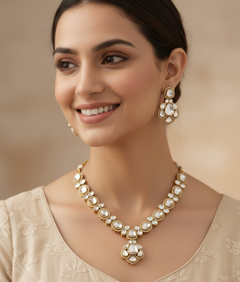 Kundan Polki Bridal Necklace With Earrings