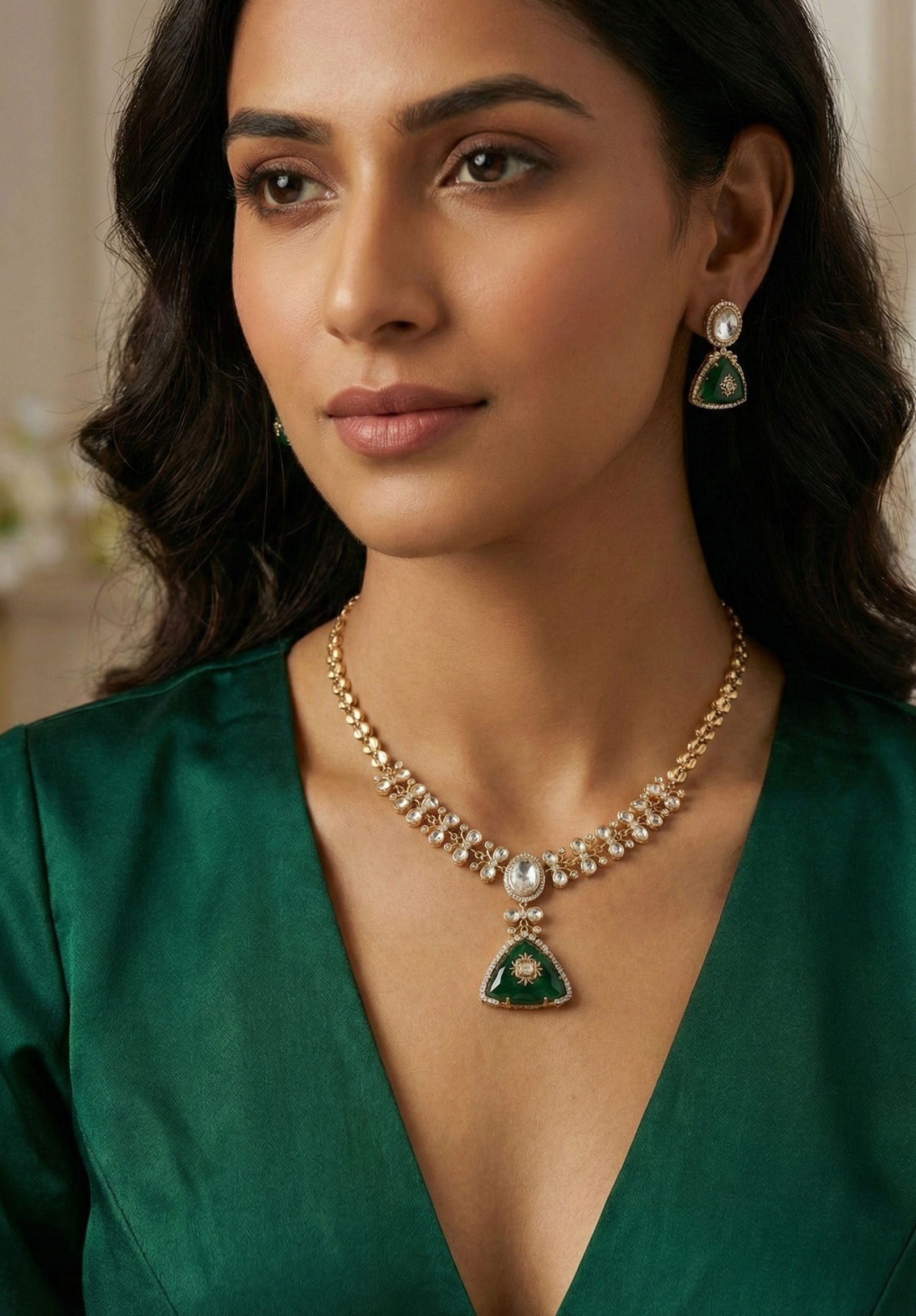 Emerald Green Stone Kundan Delicate Chain Necklace Set