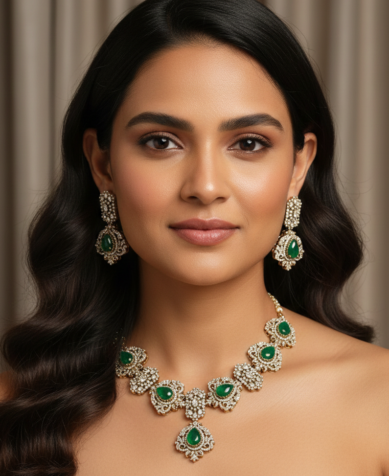 Kundan Green Doublet Stone Necklace With Earrings