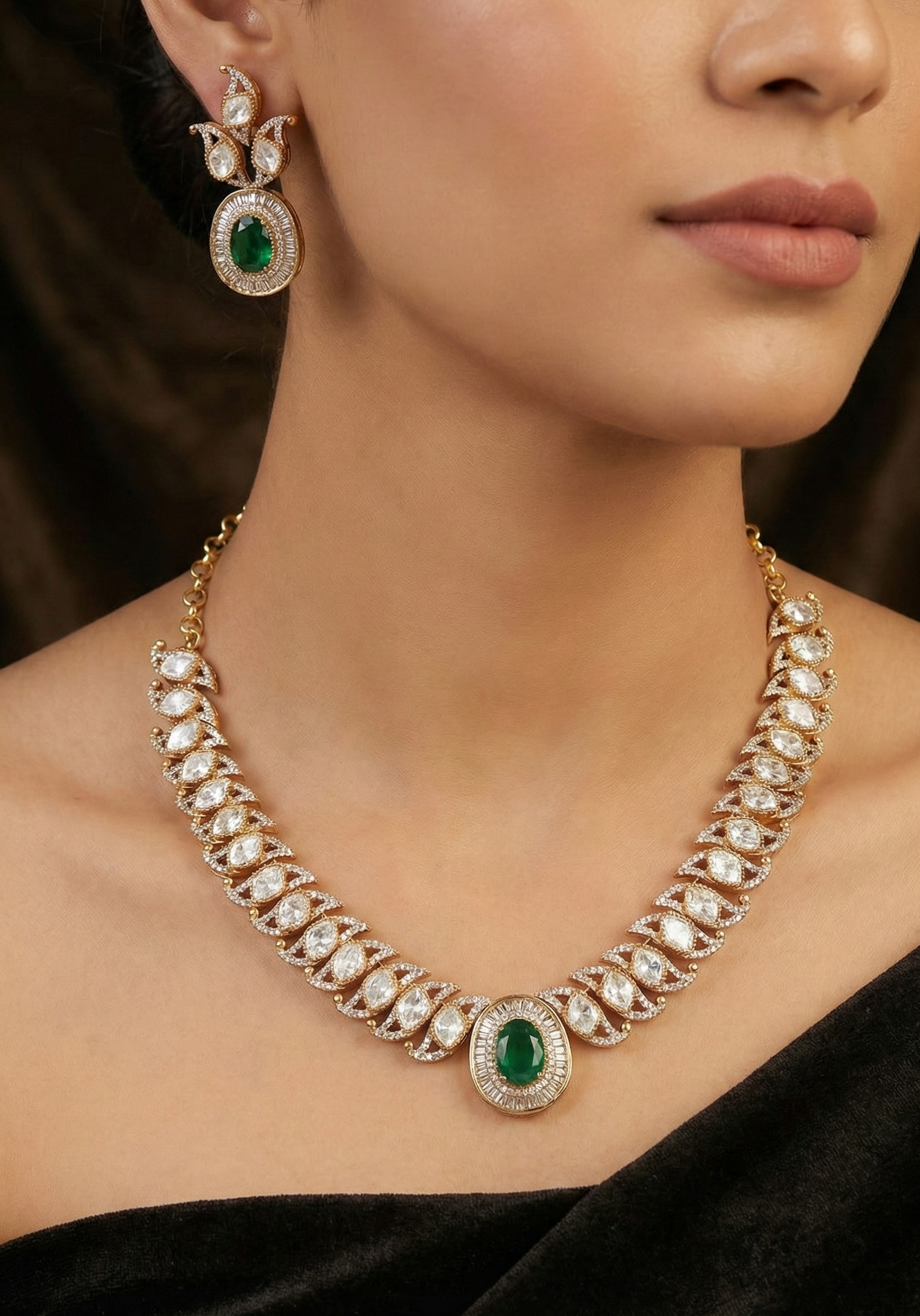 Emerald Green Stone Kundan Delicate Necklace Set