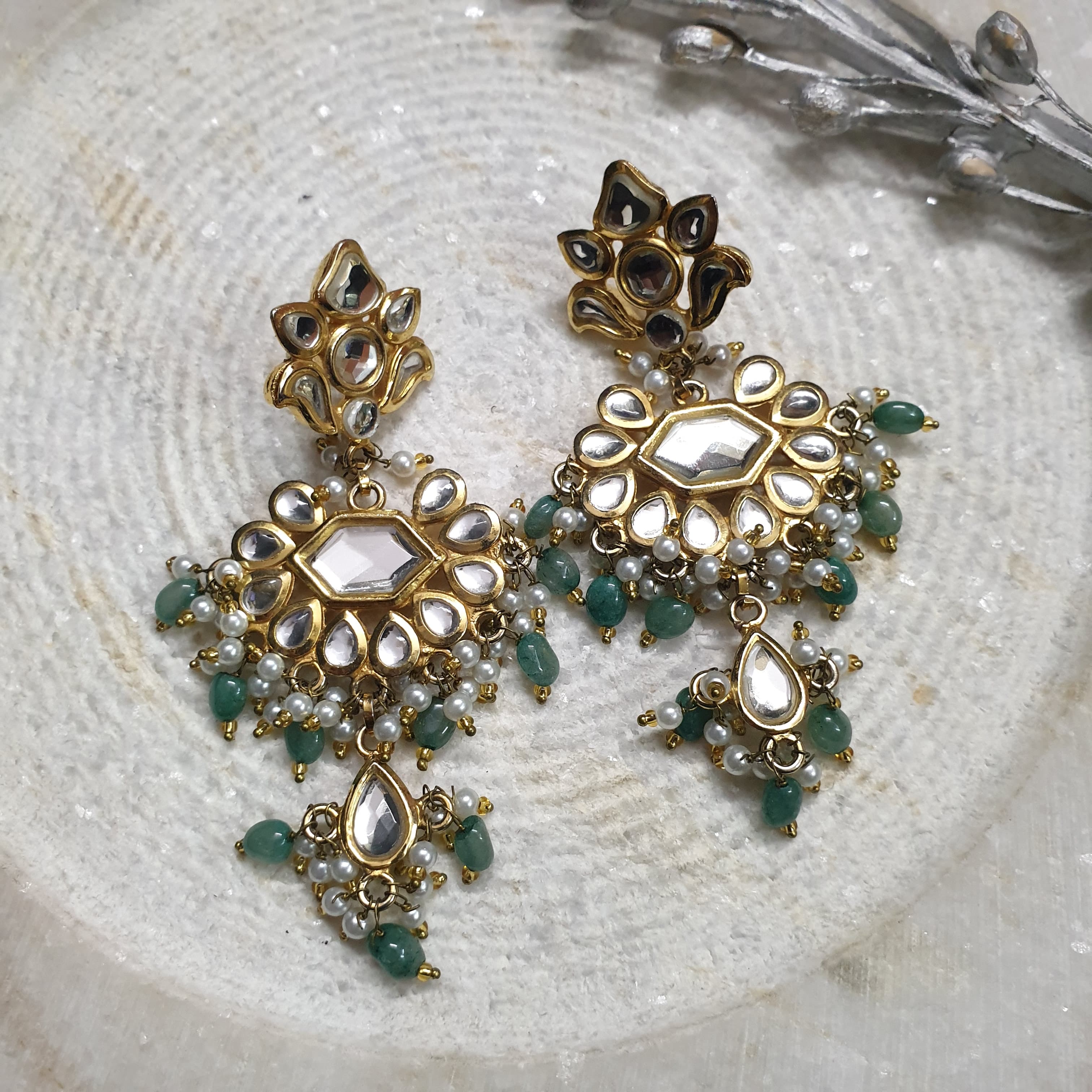22k Gold Plated Green Stone Kundan Chandbali Earrings