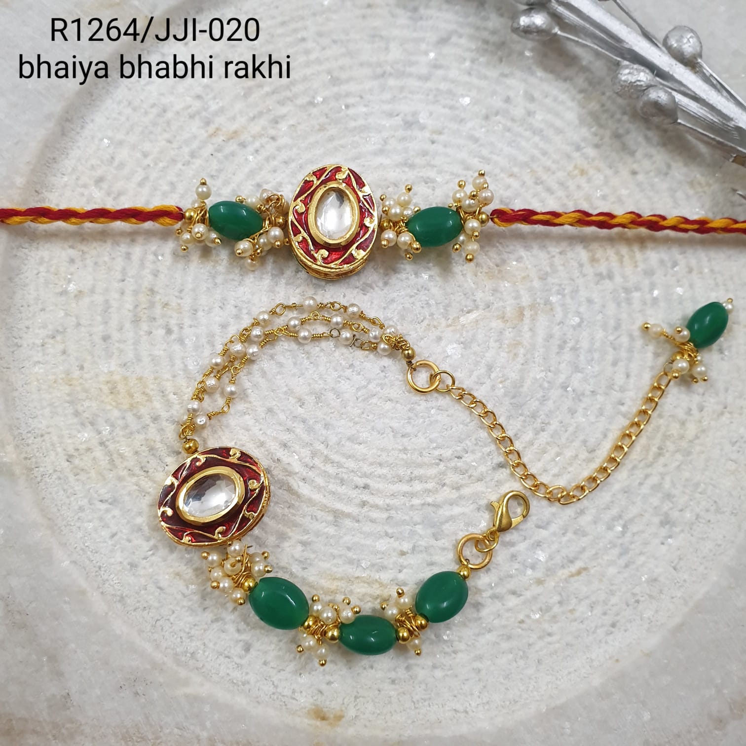 Red kundan Meenakari Rakhi Set For Rakshabandhan