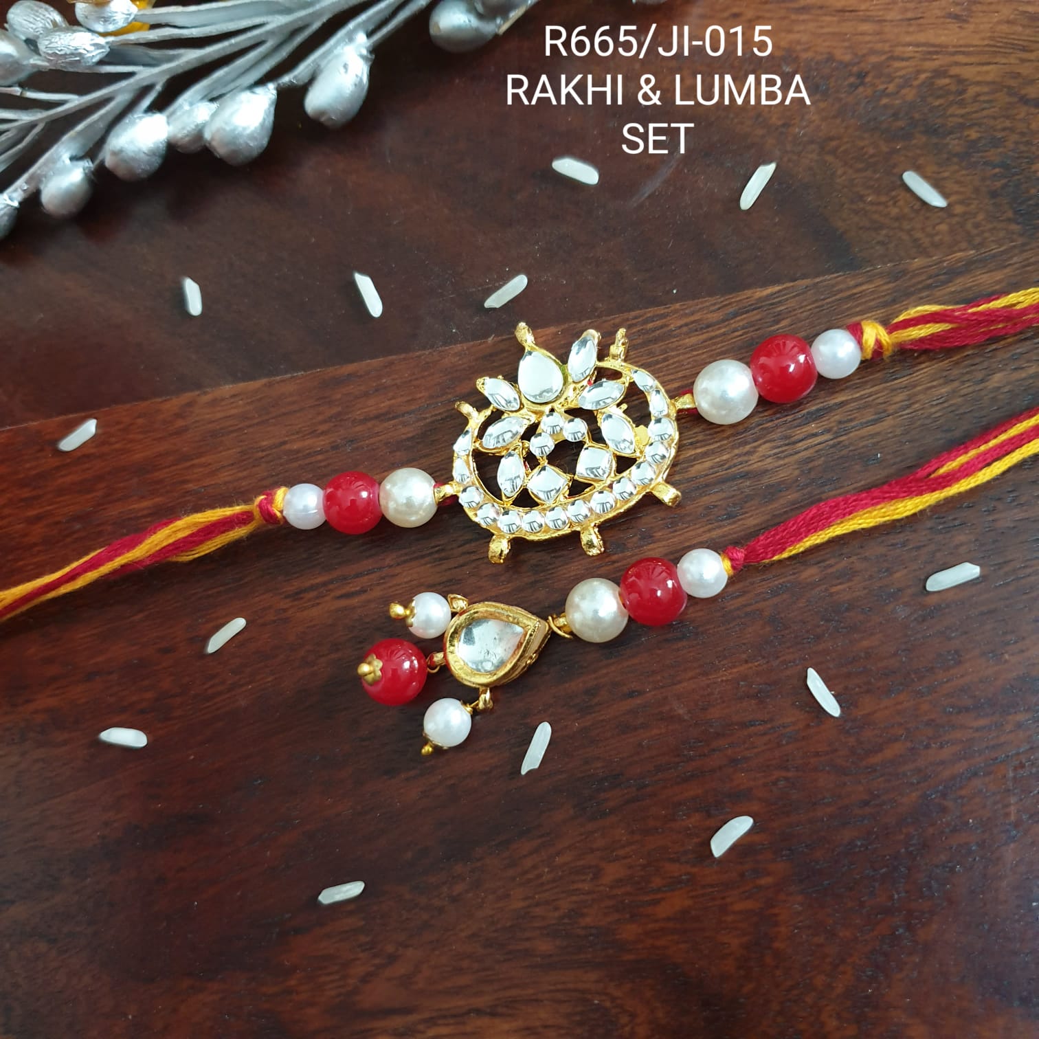 Red Kundan Couple Rakhi Set