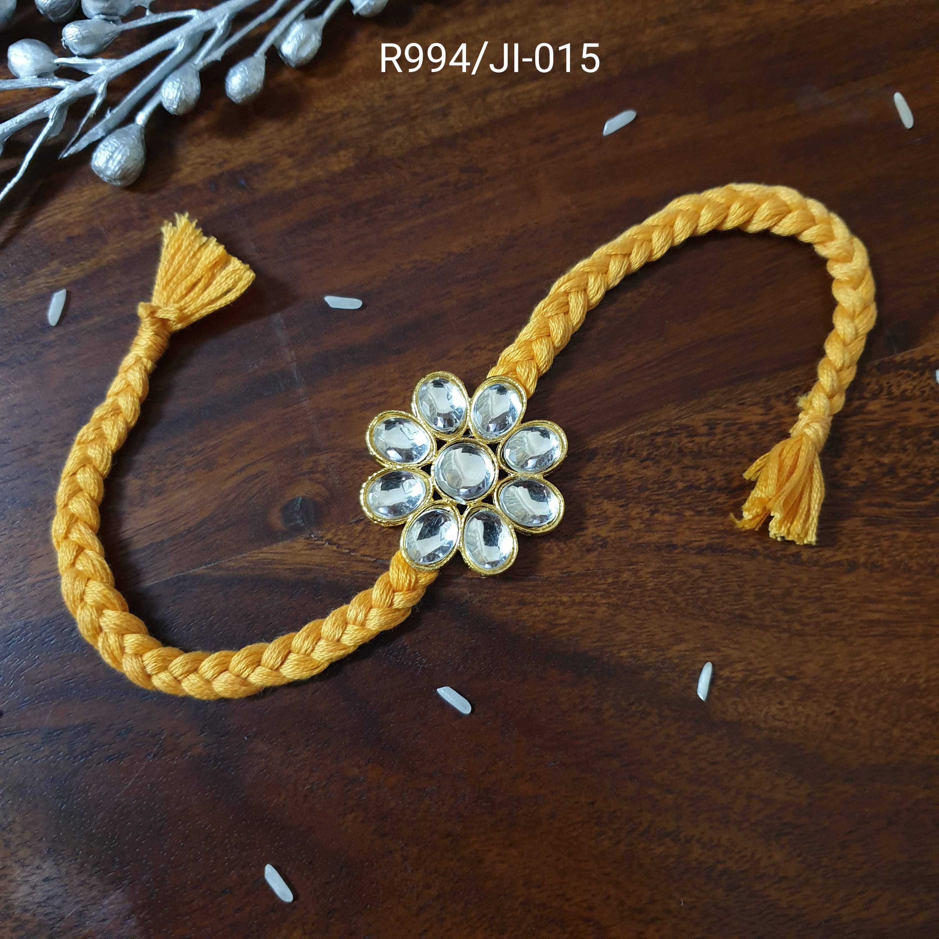 Floral Kundan Yellow Braided Rakhi
